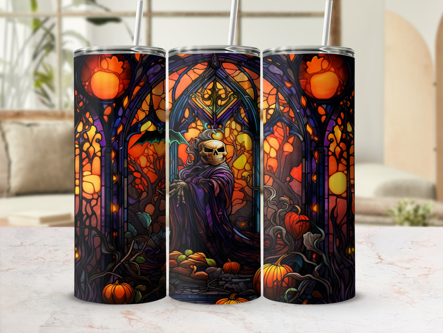 Gothic stained glass tumbler with skeleton, pumpkins, and bats.