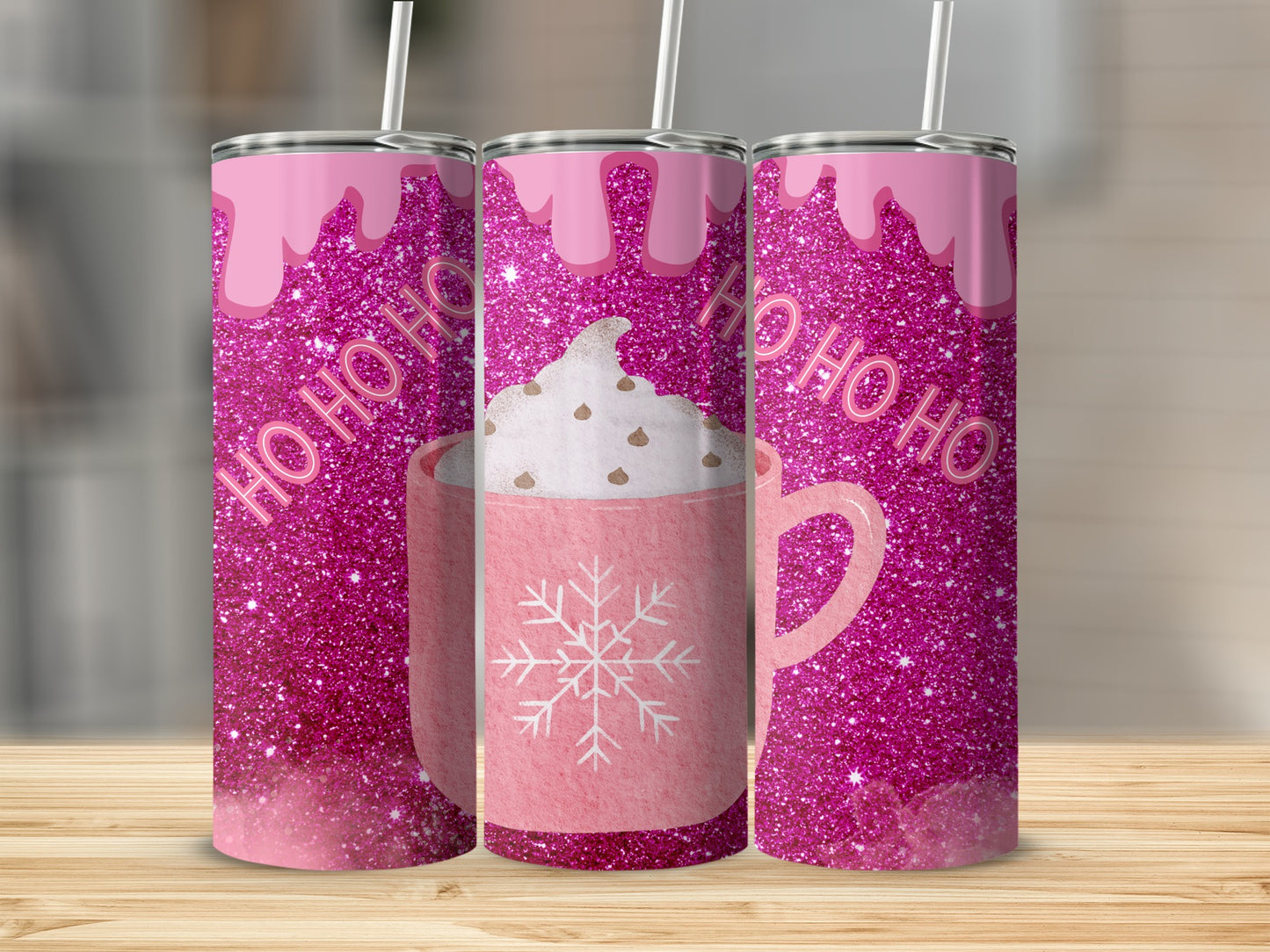 Pink Glitter Ho Ho Ho Christmas Themed Tumbler