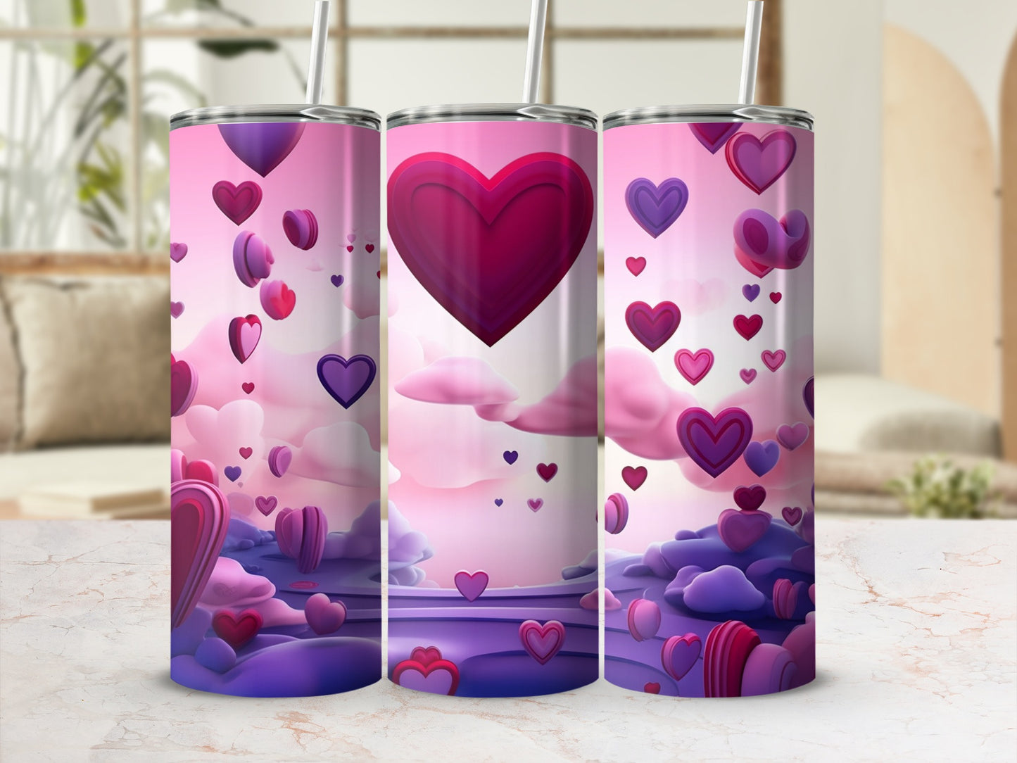 Heart-Themed Tumbler Set with Pink and Purple Hearts