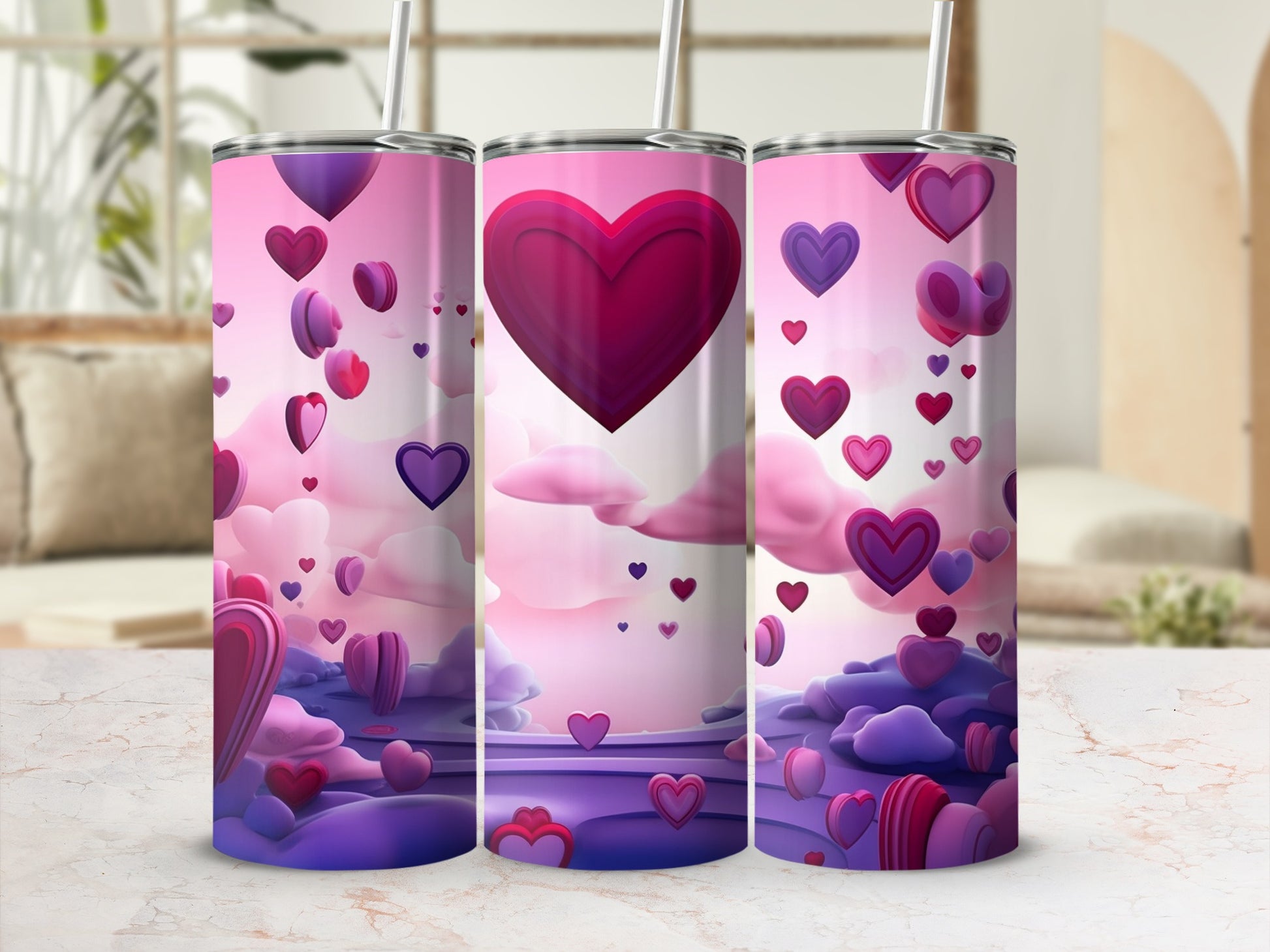 Heart-Themed Tumbler Set with Pink and Purple Hearts