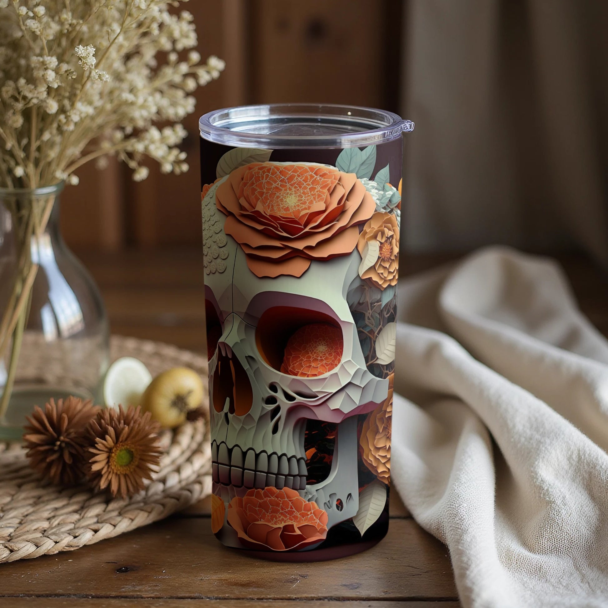 Floral Skull Design Tumbler for Daily Use