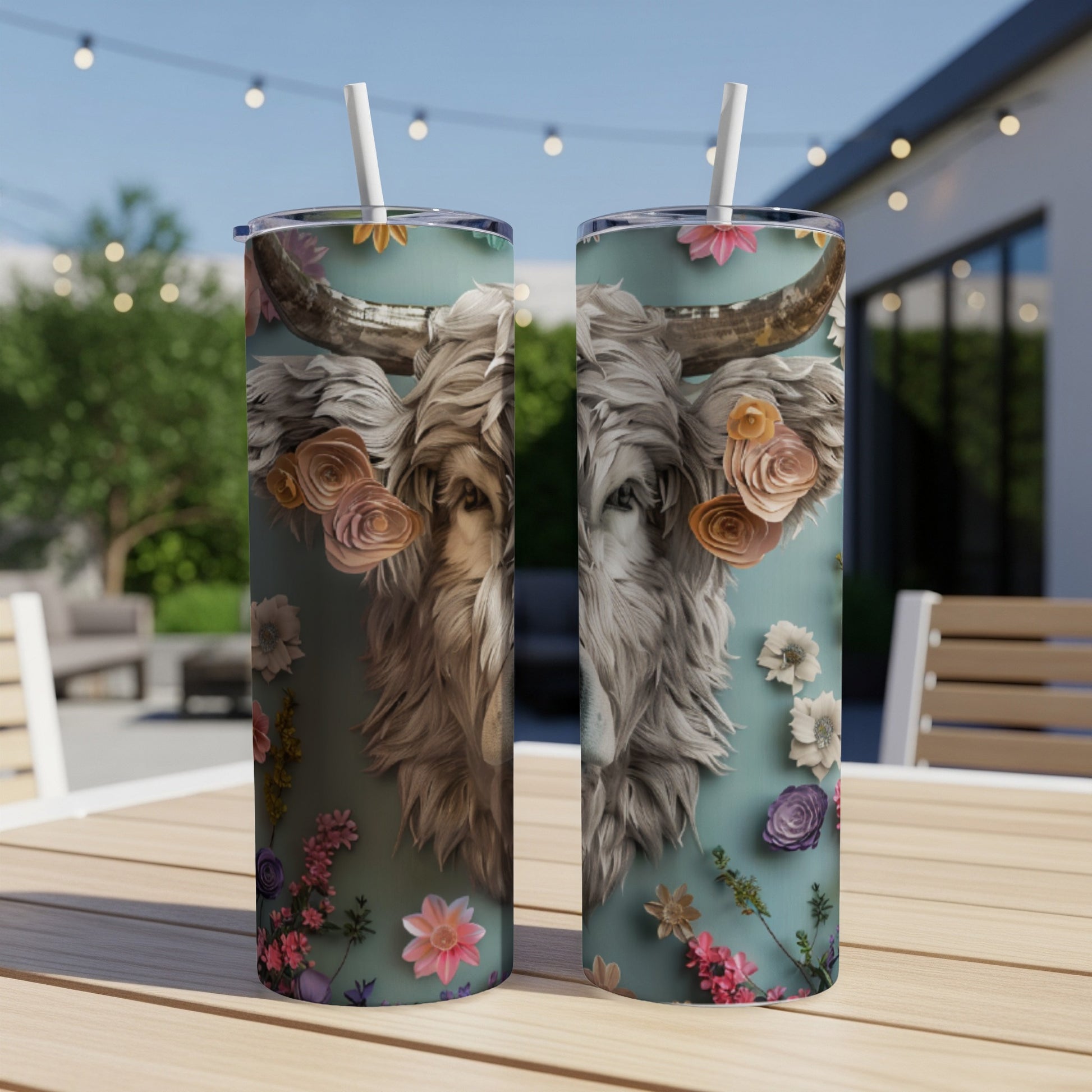 Two tumblers featuring a cow's face with floral accents.