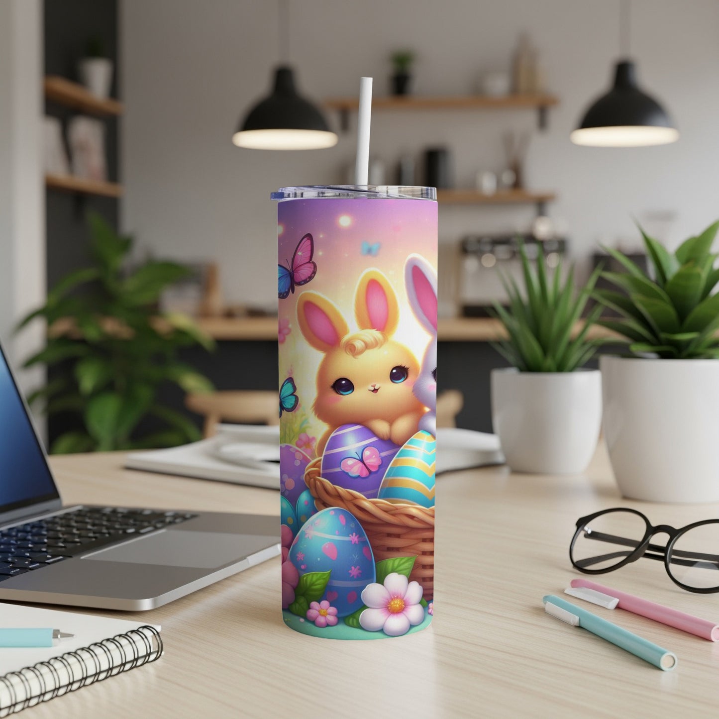 Easter bunny with colorful eggs and basket on a skinny tumbler.
