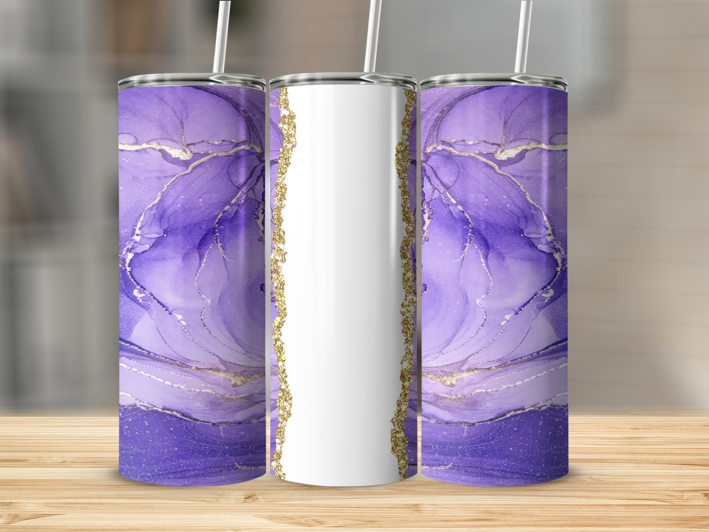Purple marble tumbler with gold accents and a white panel for personalization.
