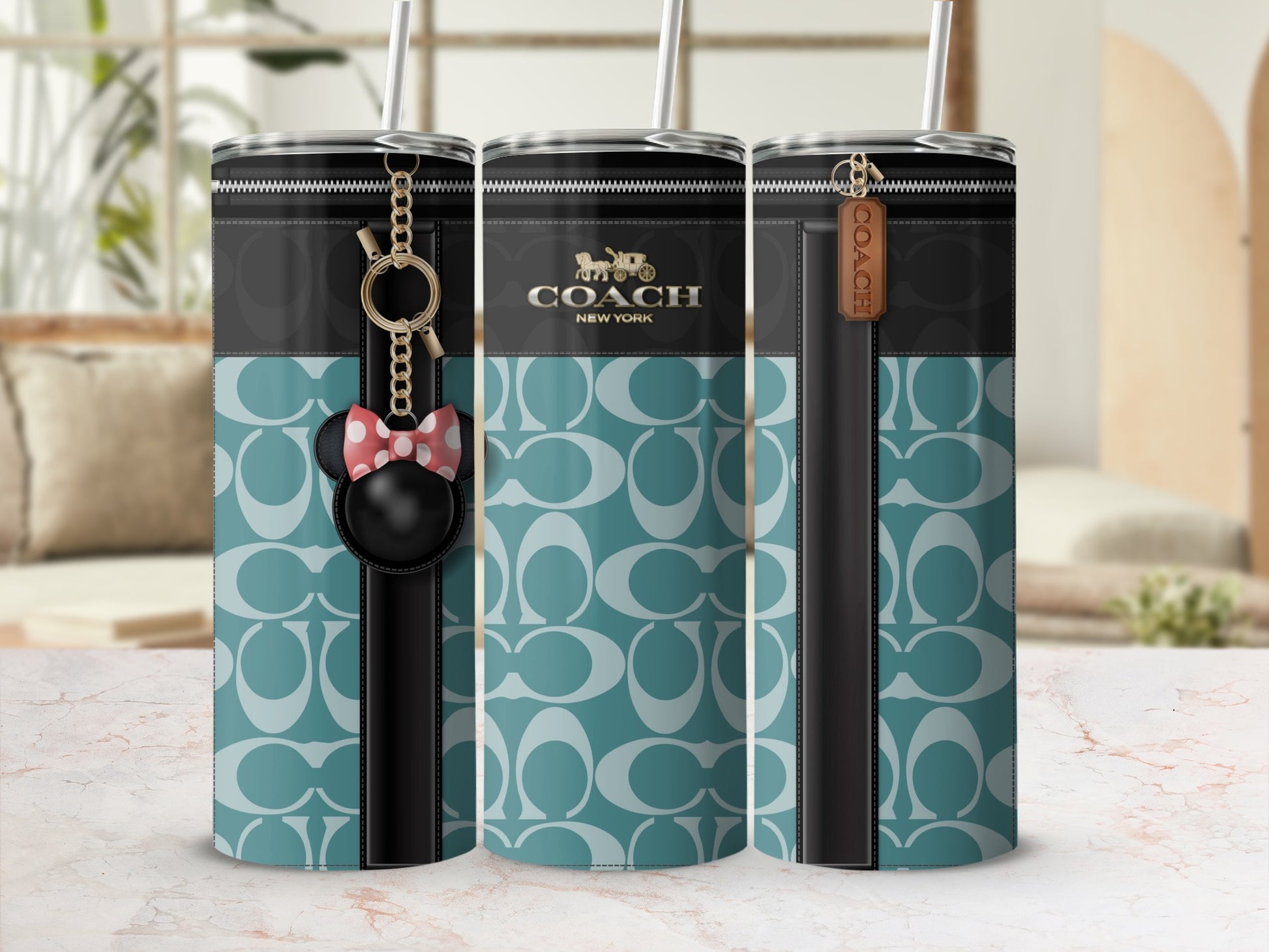 Elegant Blue Coach Print Tumbler with Keychain Accessory