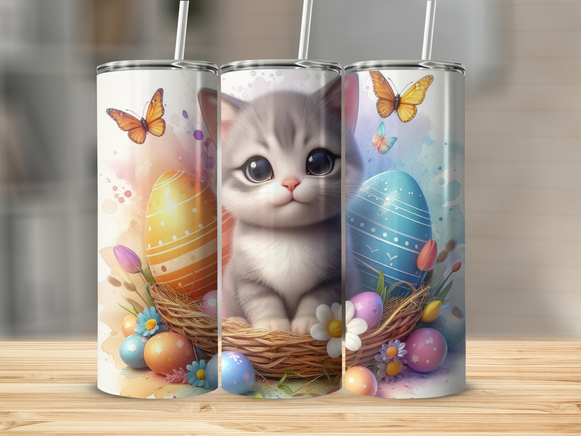 Cute kitten in a nest surrounded by Easter eggs and butterflies.