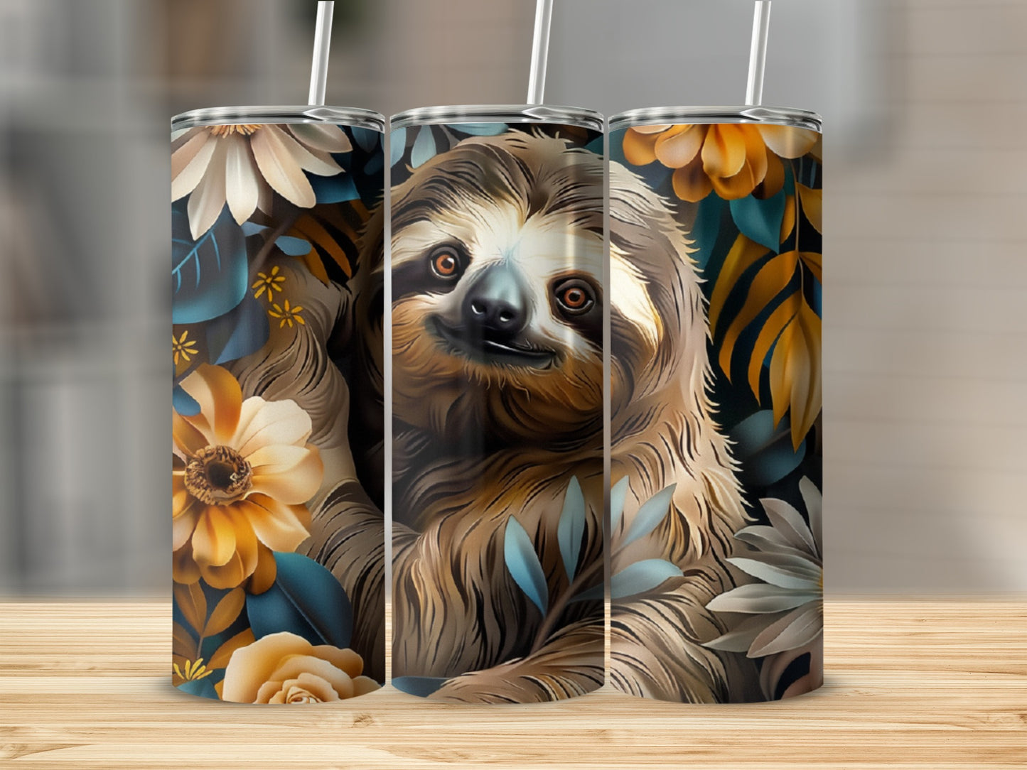 Sloth among autumn flowers and leaves on three tumblers.