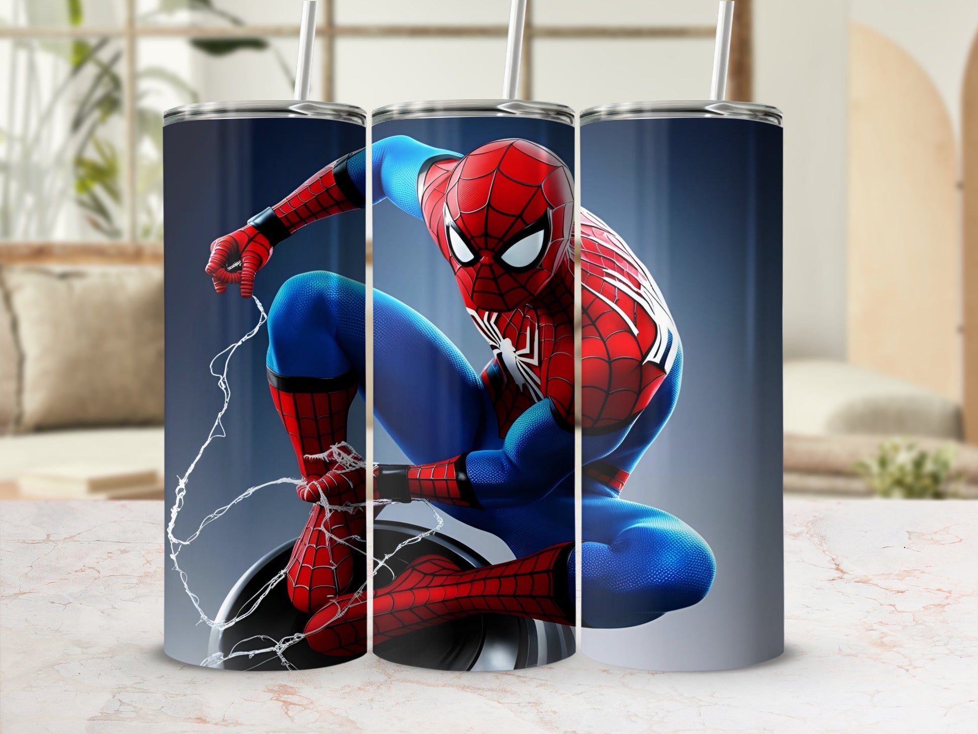 Spider-Man in dynamic pose on a tumbler with web accents.