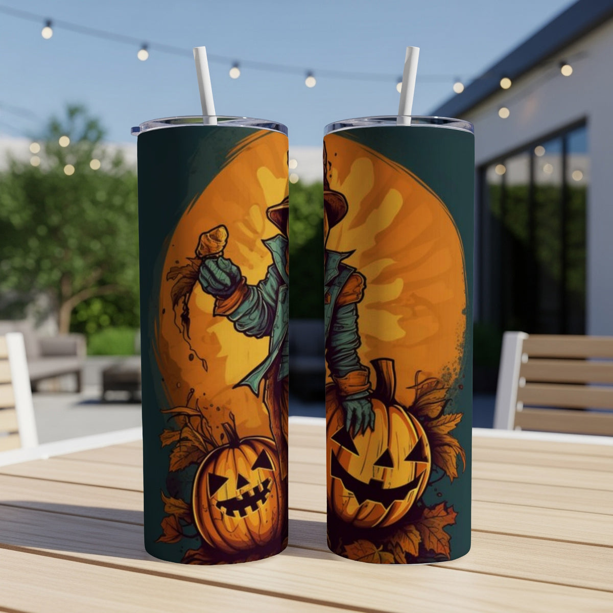 Two tumblers with a spooky scarecrow and jack-o'-lantern Halloween design.