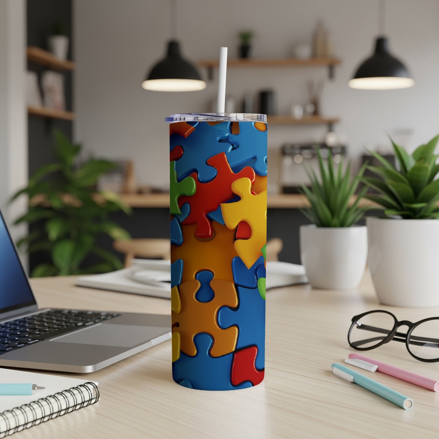 Tall tumbler with colorful interlocking puzzle pieces, on a desk.