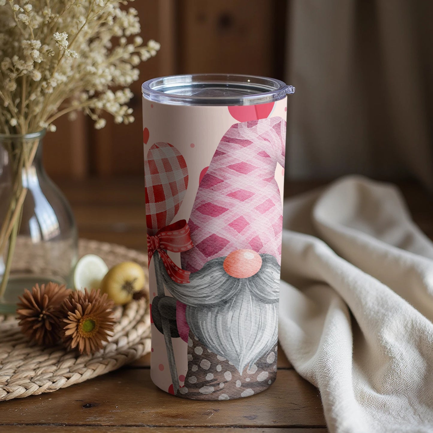 Gnome Themed Tumbler with Pink and Checkered Hat Design