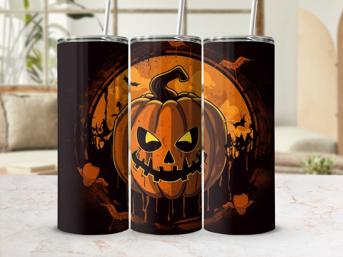 Three tumblers feature a spooky Halloween jack-o'-lantern design with bats and a full moon.