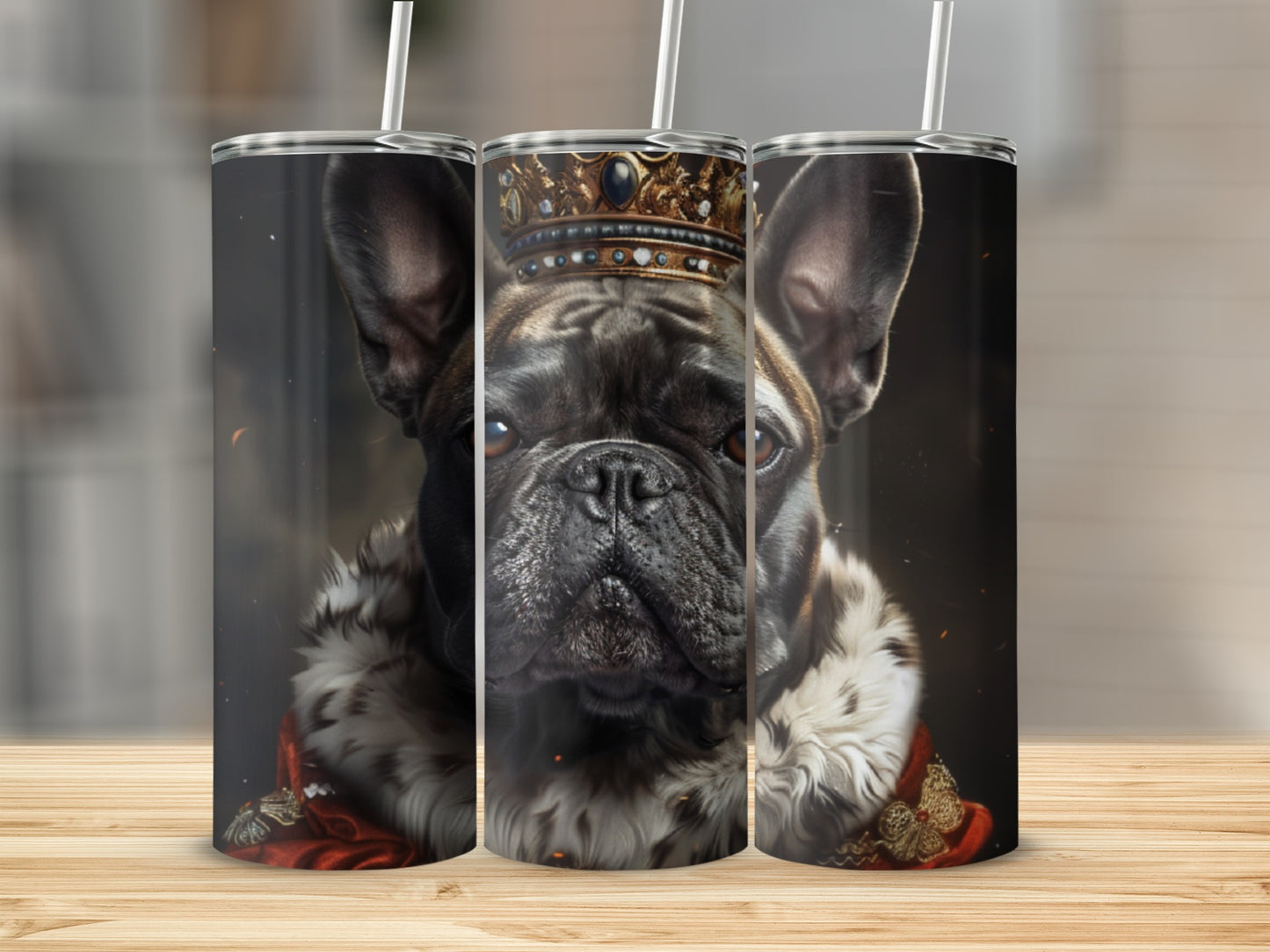 French bulldog wearing a crown and fur-lined cape.