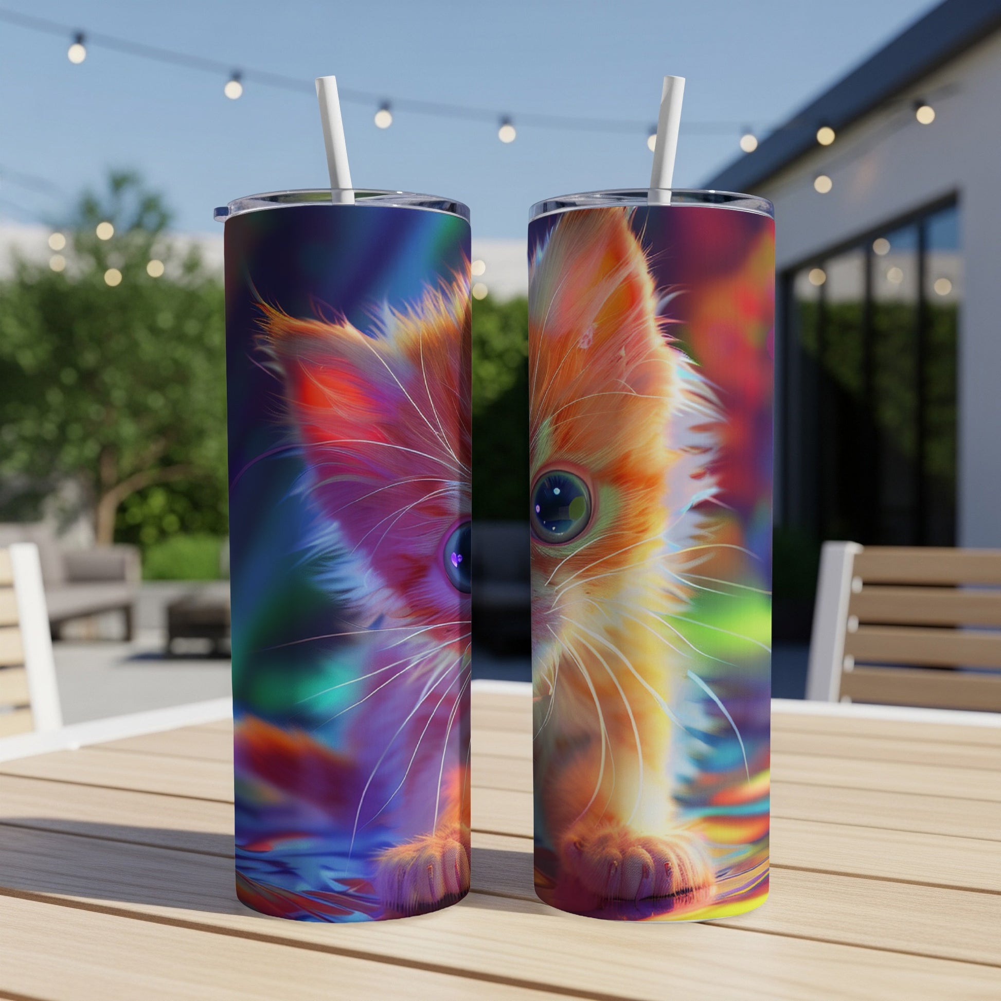 Two tall tumblers featuring a vibrant, close-up illustration of a kitten's face.