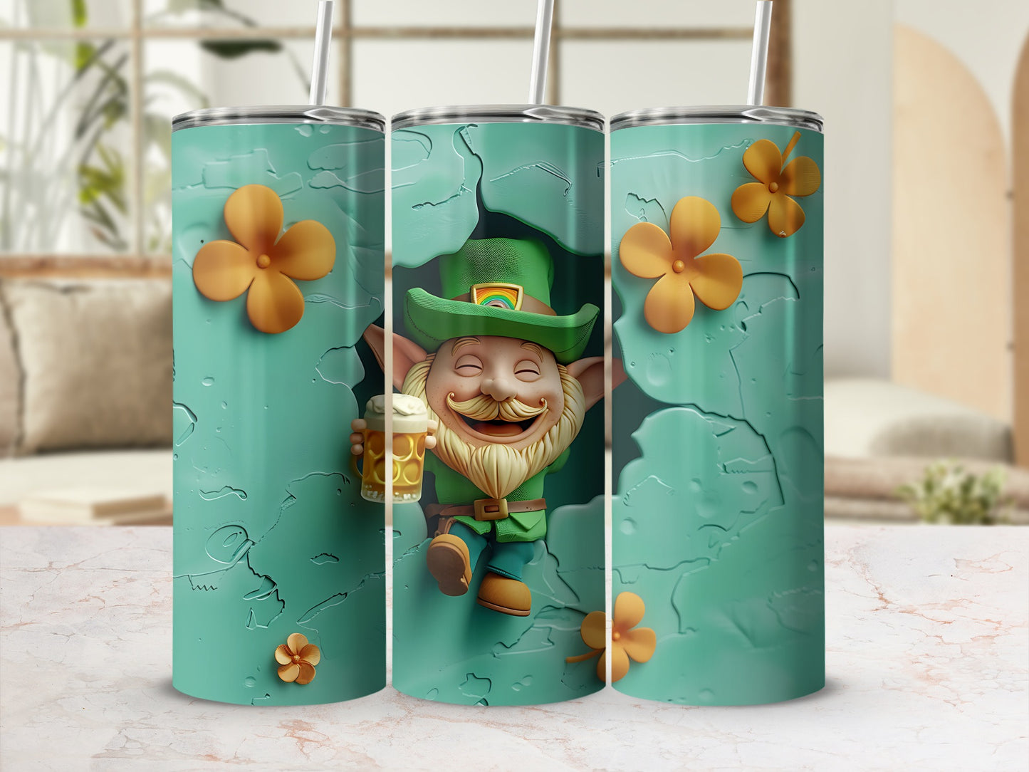 St. Patrick's Day tumbler with a leprechaun holding a beer.