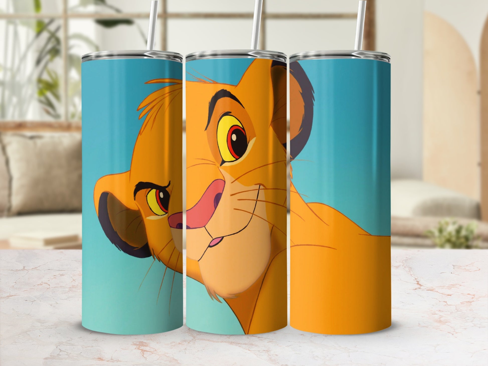 Simba from The Lion King on a blue background, depicted on three tumblers.