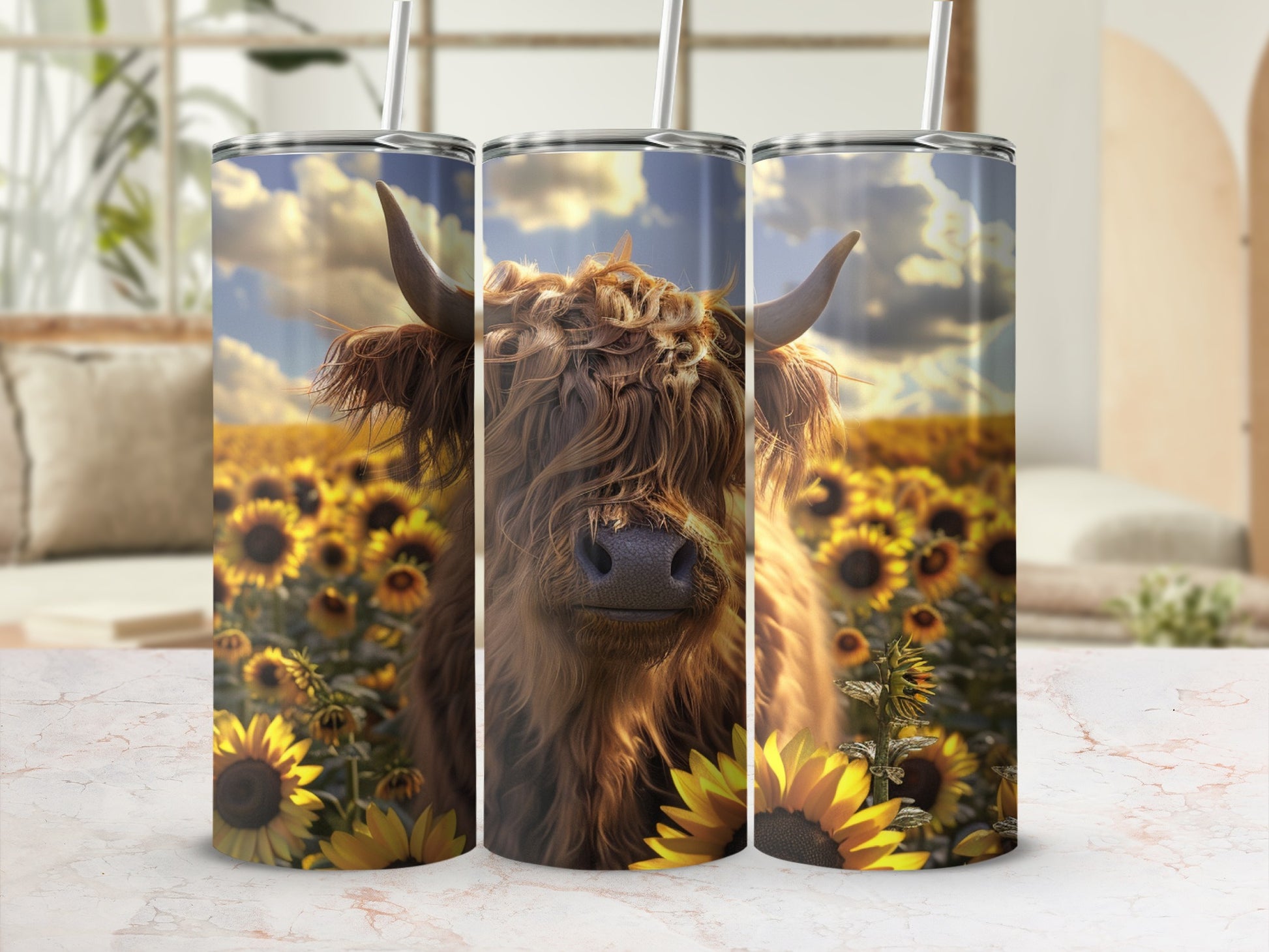 Highland cow in a sunflower field on a tumbler.