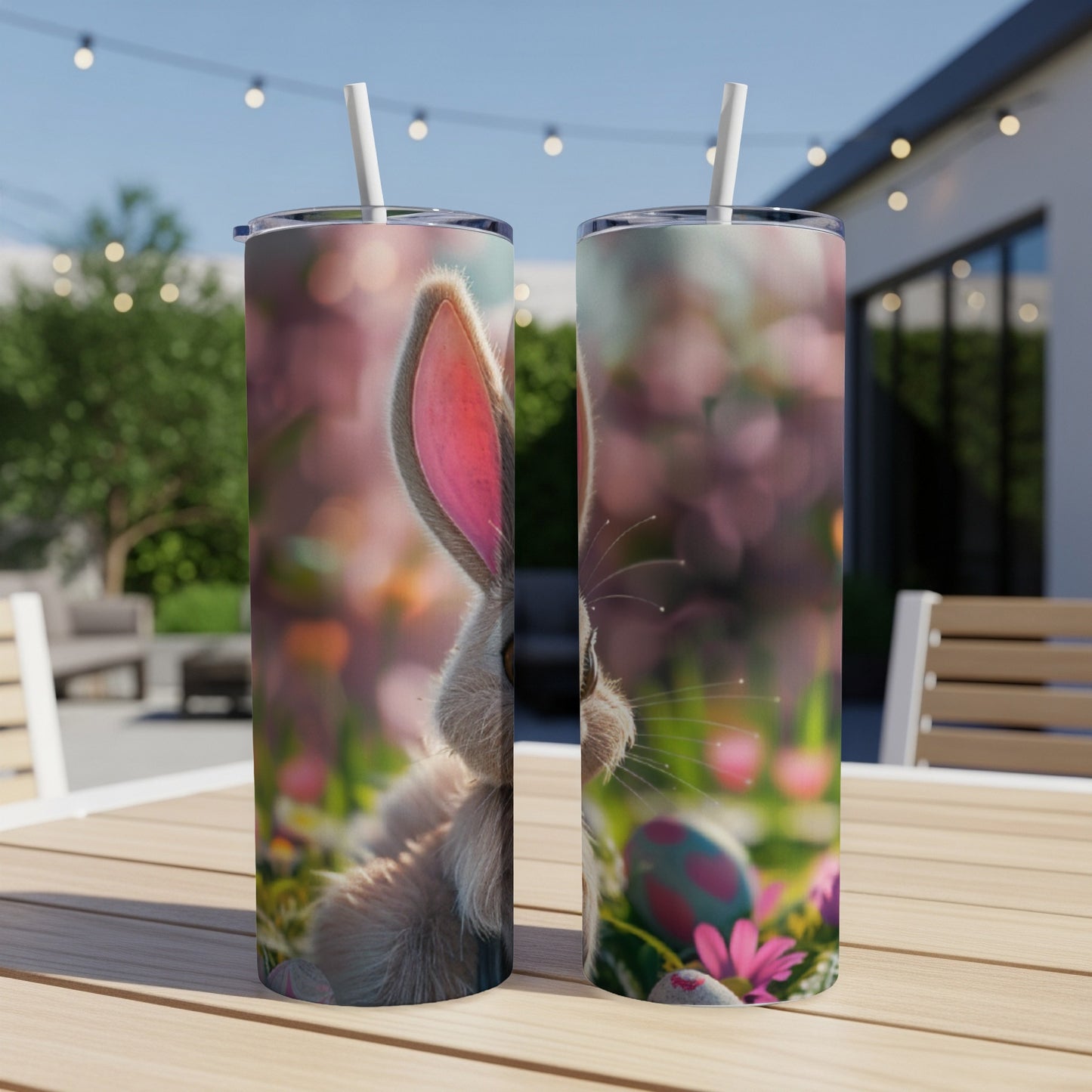 Two tumblers featuring a fluffy bunny and Easter eggs on a blurred floral background.
