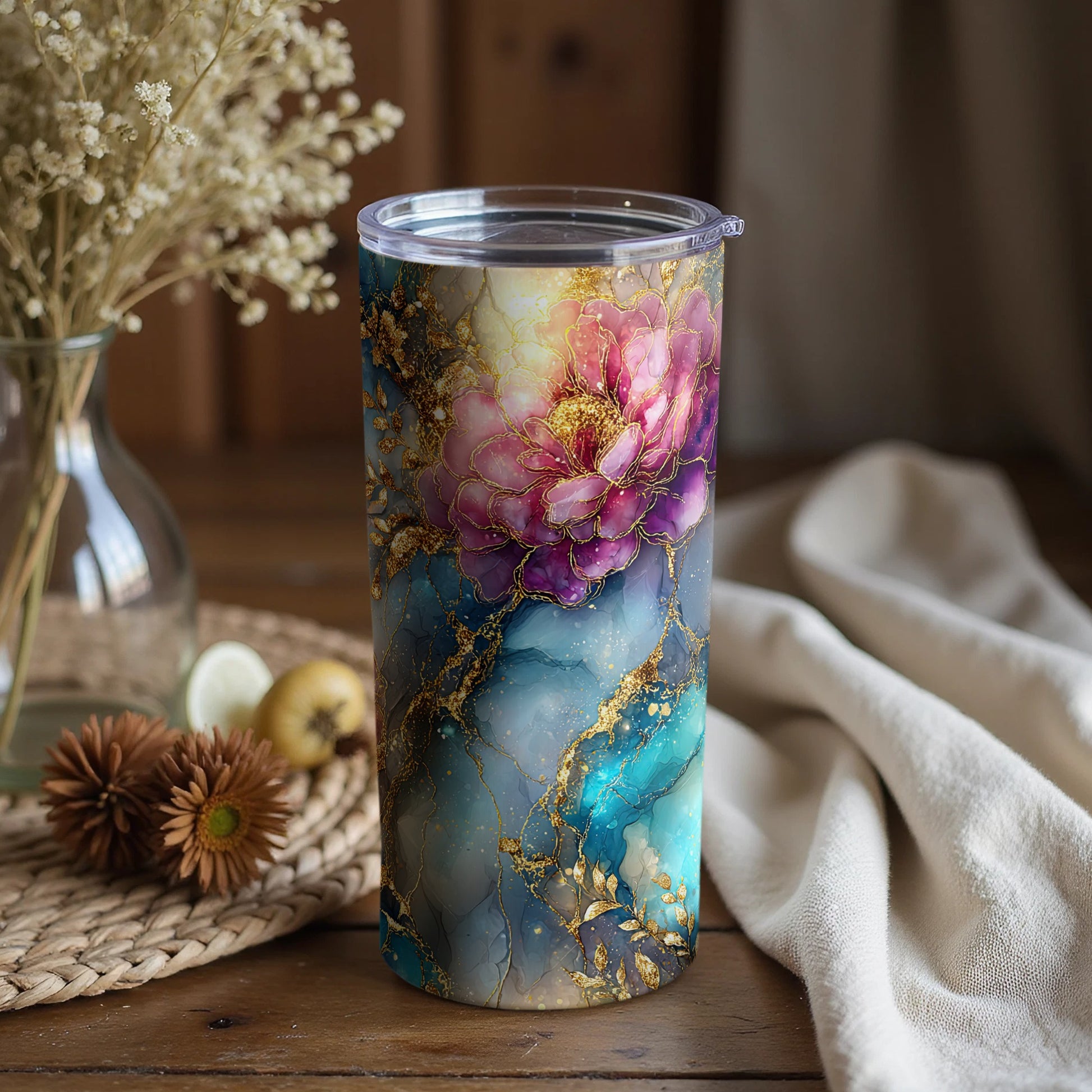 Elegant Floral and Marble Design Insulated Tumbler