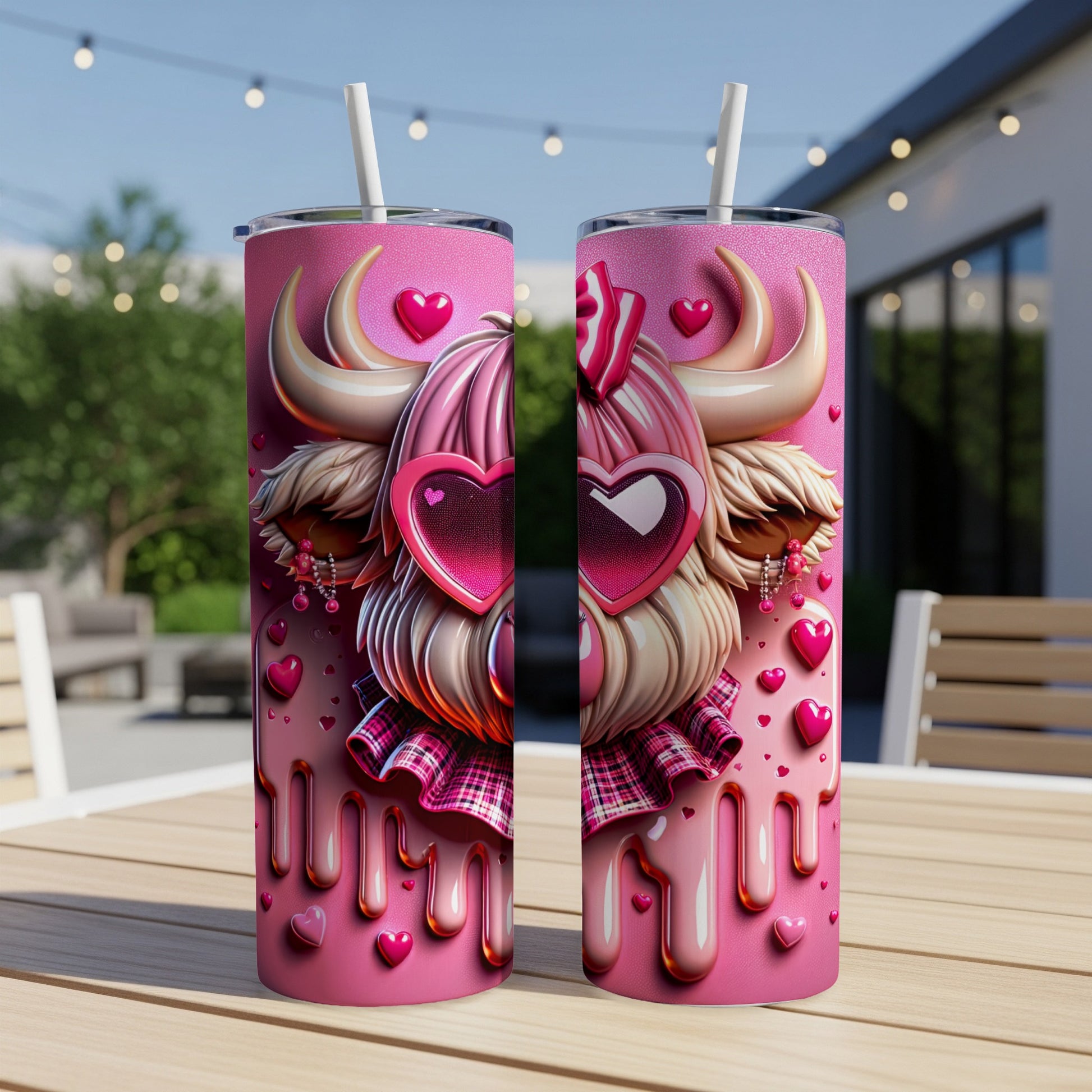Pink highland cow tumbler with heart sunglasses and plaid skirt.