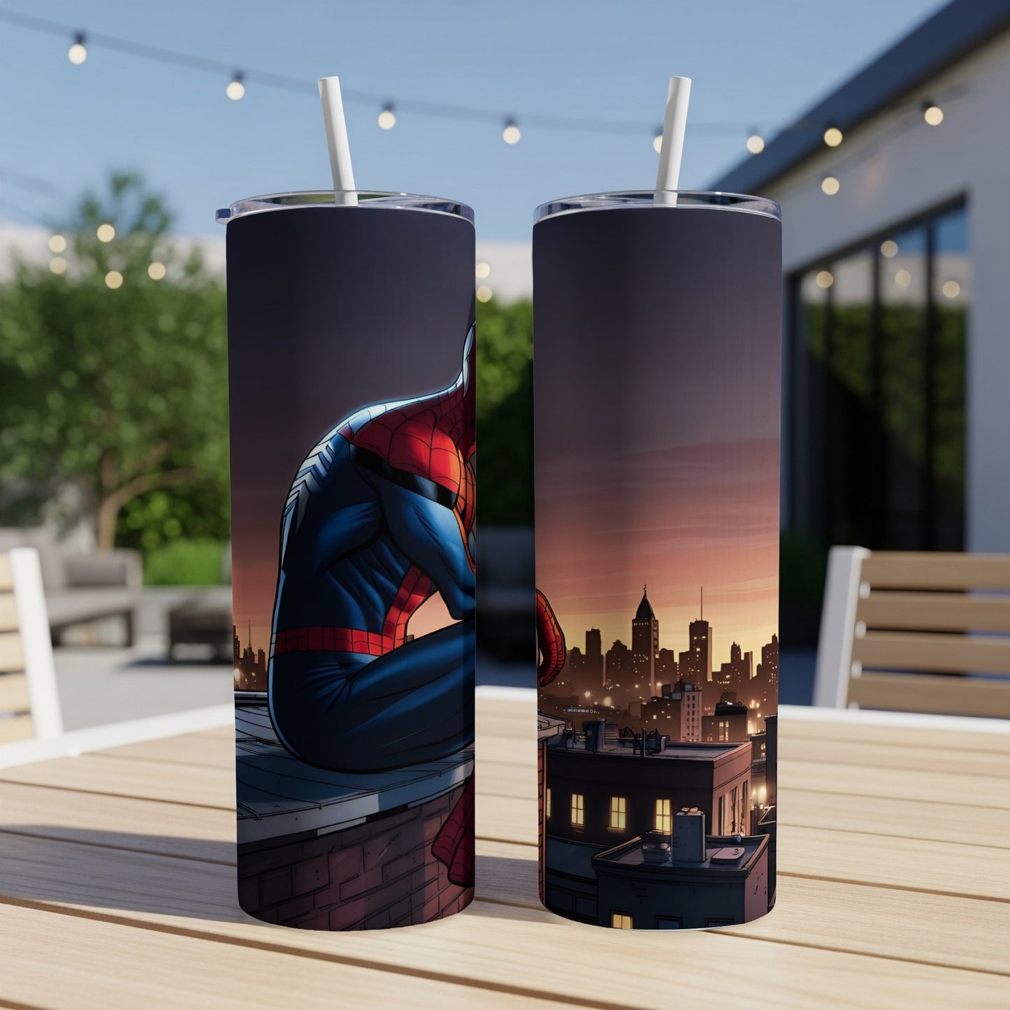 Spider-Man sits on a rooftop overlooking a city skyline at sunset.