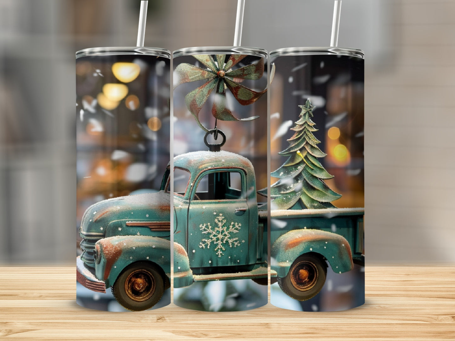 Vintage teal truck carrying a Christmas tree and gifts, in snow.