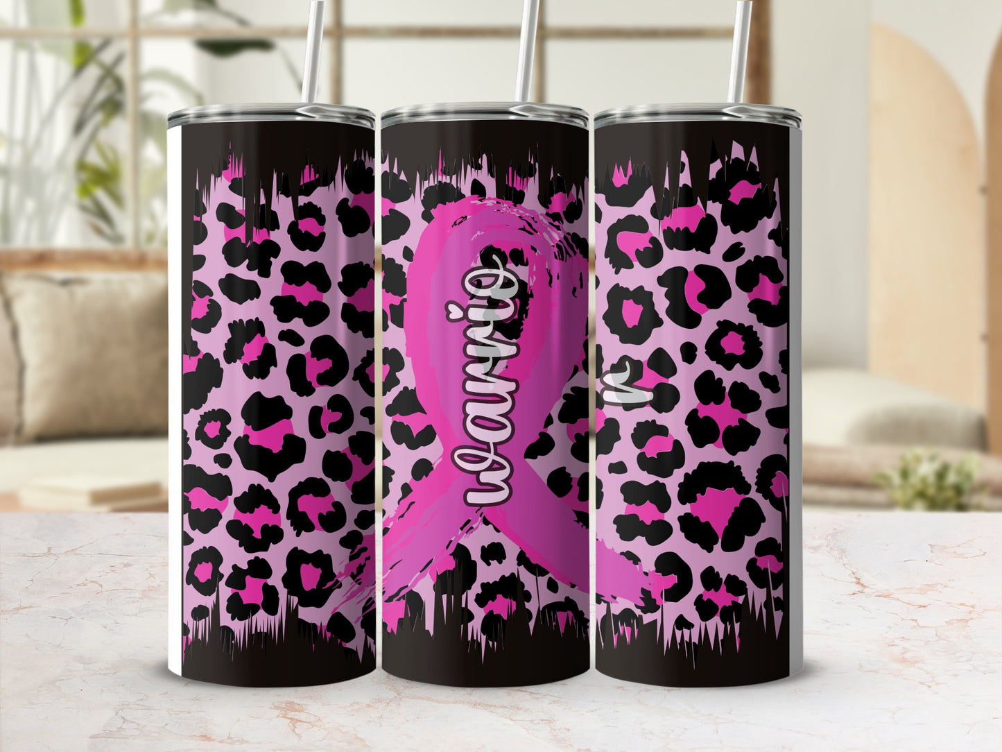 Pink leopard print tumbler with "Warrior" text and a pink ribbon.