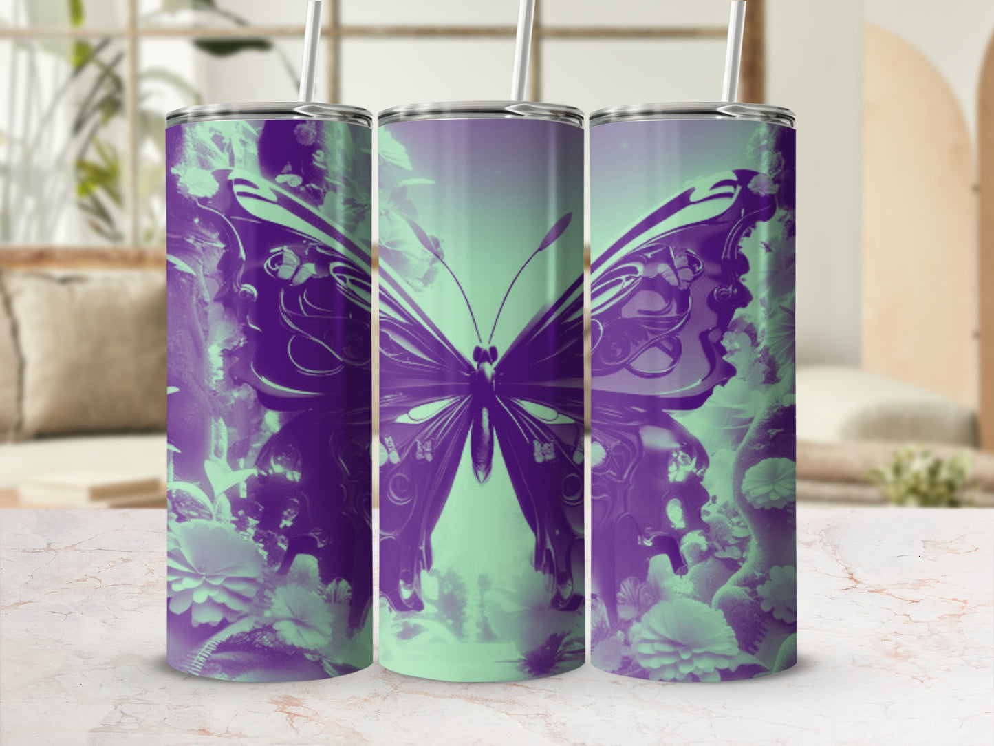 Purple butterfly and floral design on a green gradient tumbler.