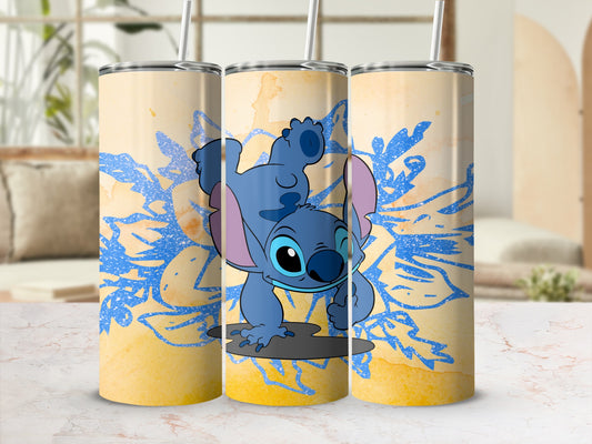 Playful Blue Character with Floral Background Tumbler