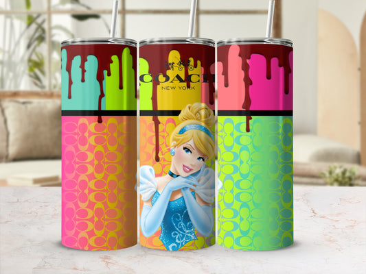 Three tumblers featuring Cinderella and Coach logo pattern with dripping paint design.
