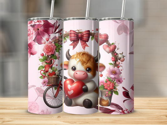 Cute Valentine's Day Cow and Floral Illustrations Tumbler