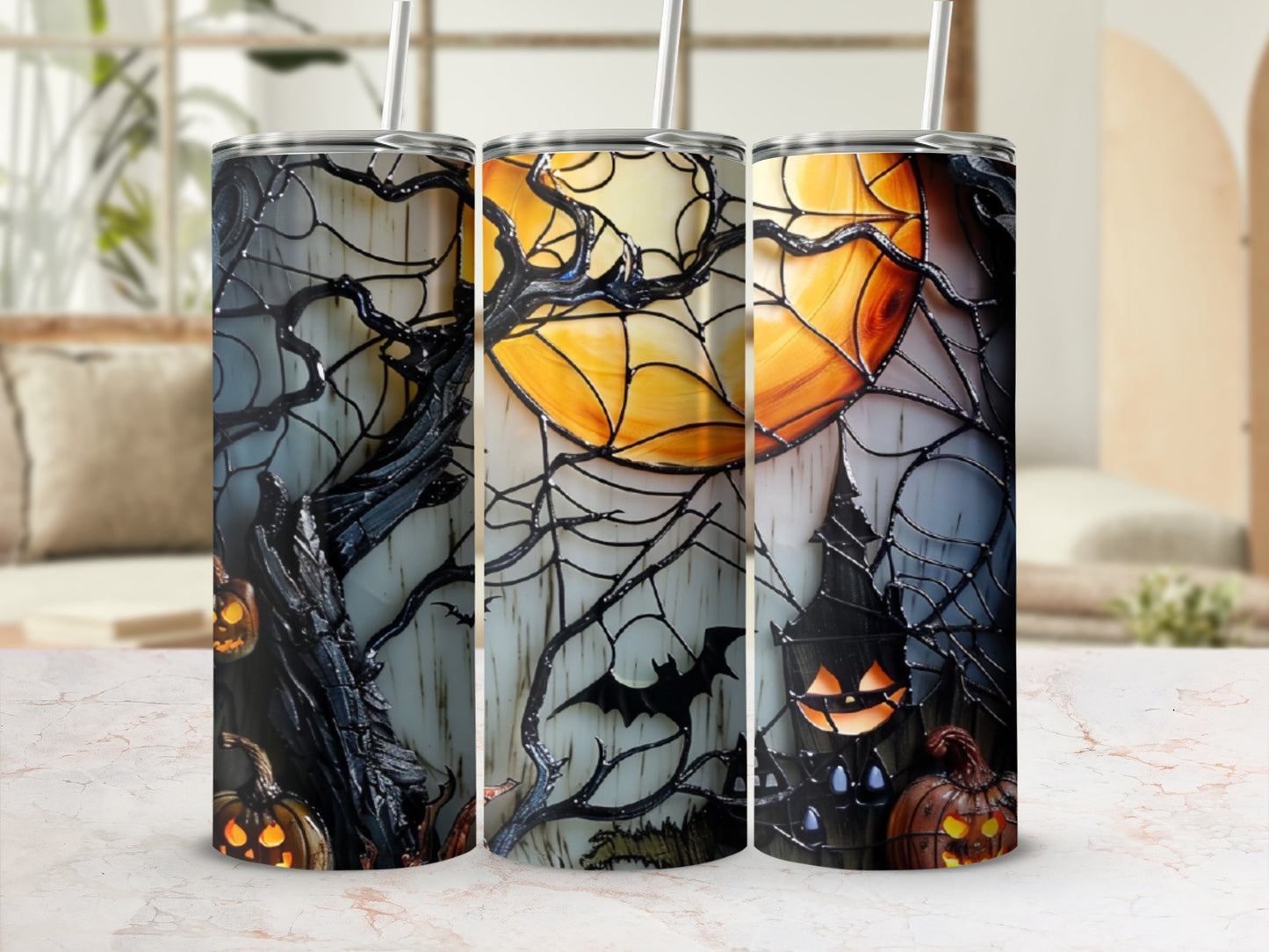 Halloween tumbler with pumpkins, bats, and spooky trees under a full moon.