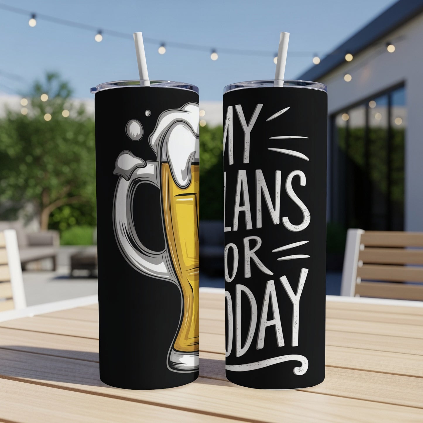 Two tumblers, one with a beer mug illustration, the other with "MY PLANS OR TODAY" text.