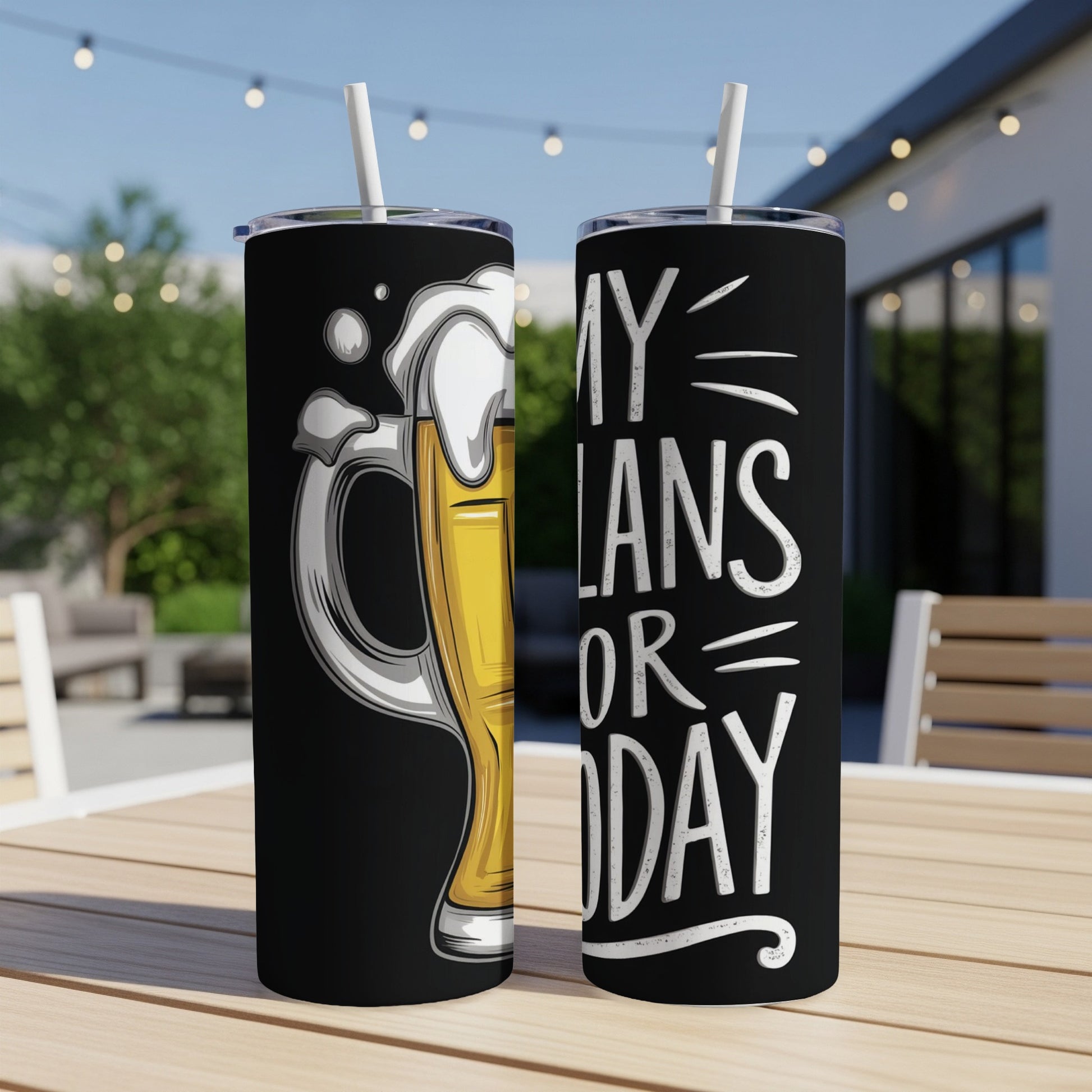 Two tumblers, one with a beer mug illustration, the other with "MY PLANS OR TODAY" text.
