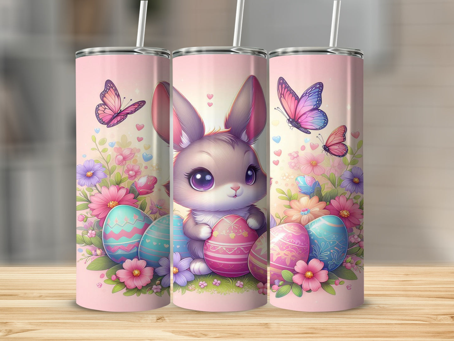 Easter bunny with colorful eggs and butterflies on a pink background.