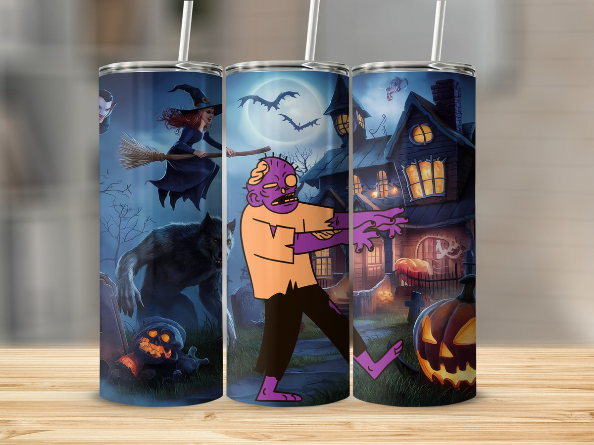 Halloween-themed tumbler with witch, werewolf, zombie, and haunted house illustrations.