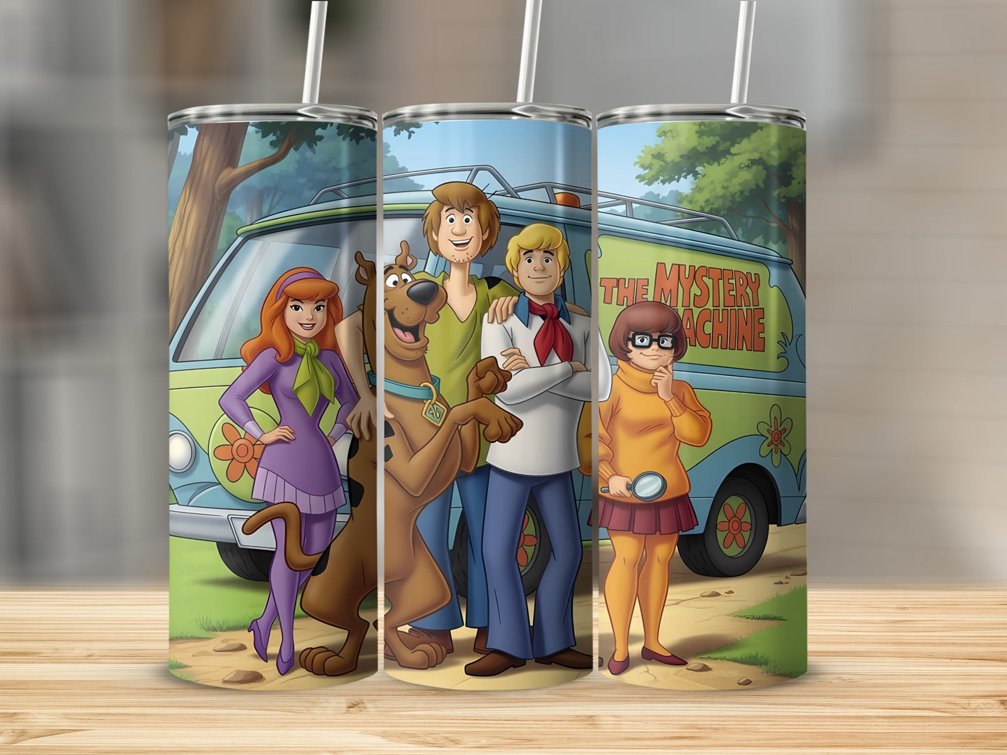 Scooby-Doo characters Fred, Daphne, Velma, Shaggy, and Scooby in front of the Mystery Machine.