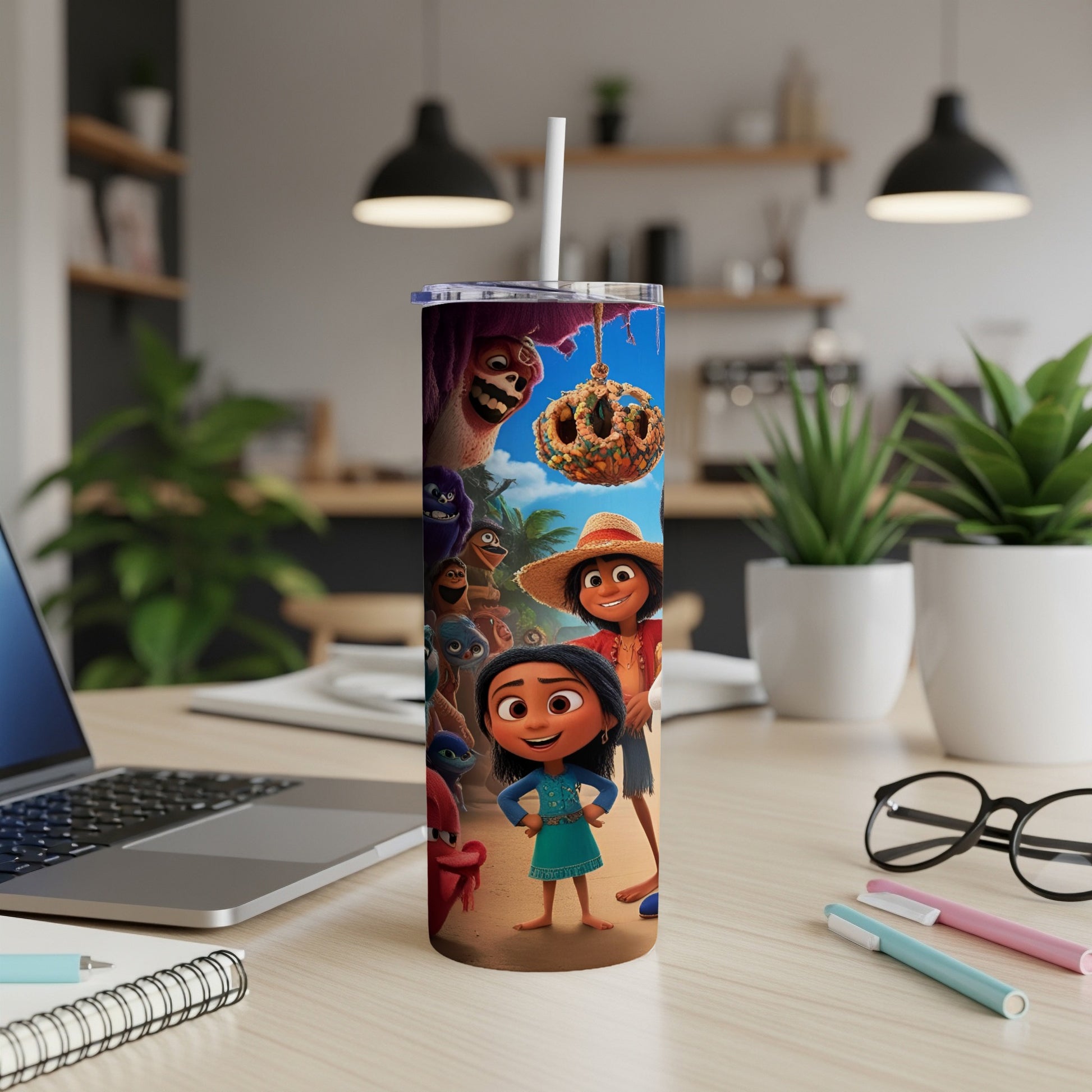 Tumbler with colorful cartoon characters from a jungle-themed movie.