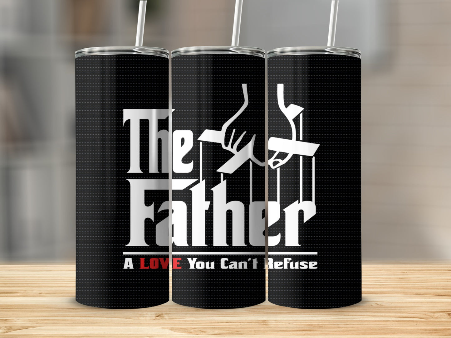 Tumblers with "The Father, A LOVE You Can't Refuse" The Godfather logo.
