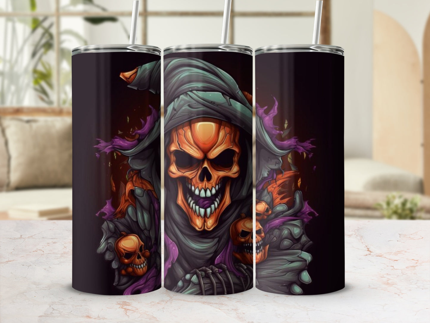 Three tumblers featuring a grim reaper skeleton with jack-o'-lanterns and purple accents.