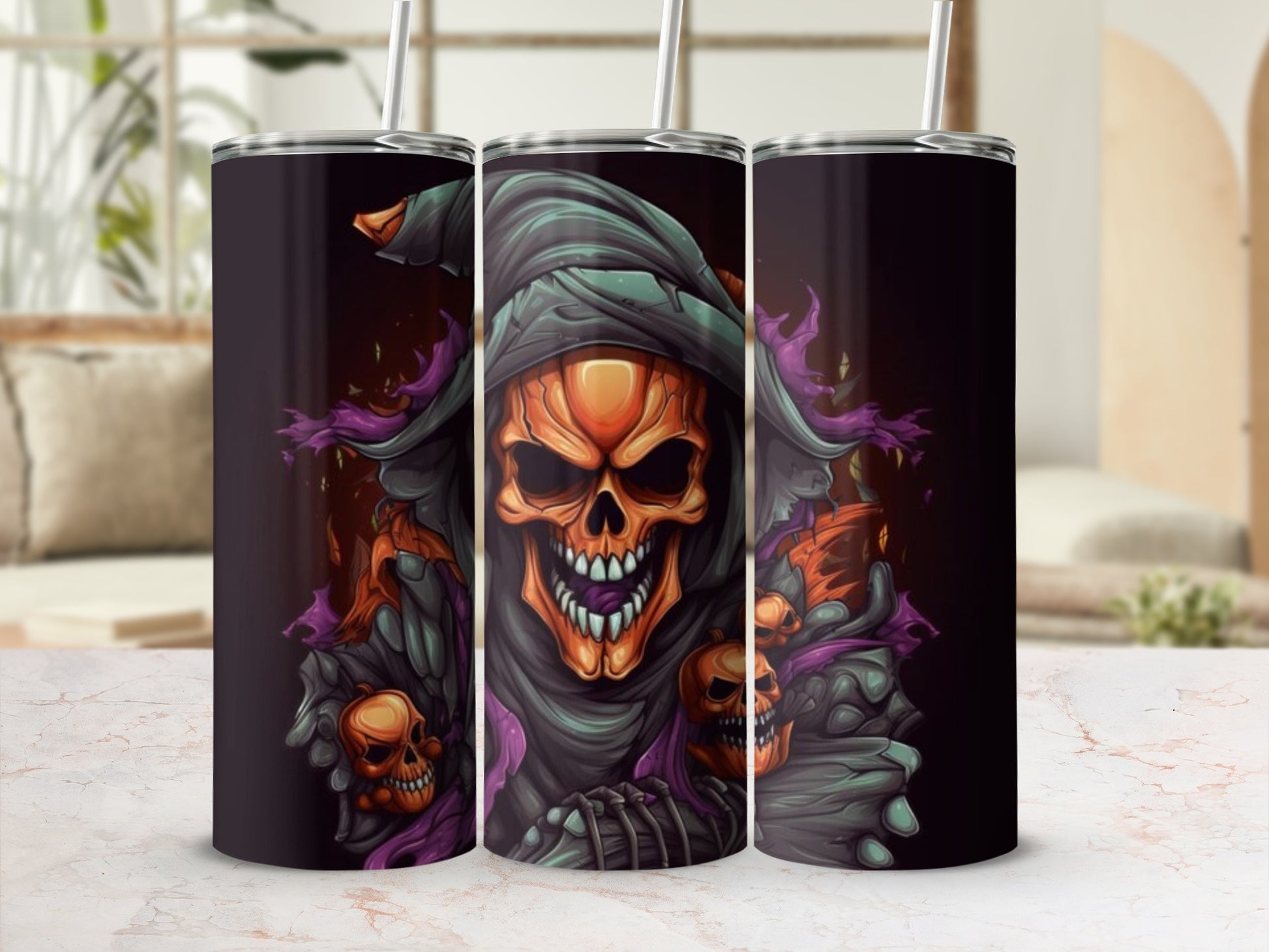 Three tumblers featuring a grim reaper skeleton with jack-o'-lanterns and purple accents.