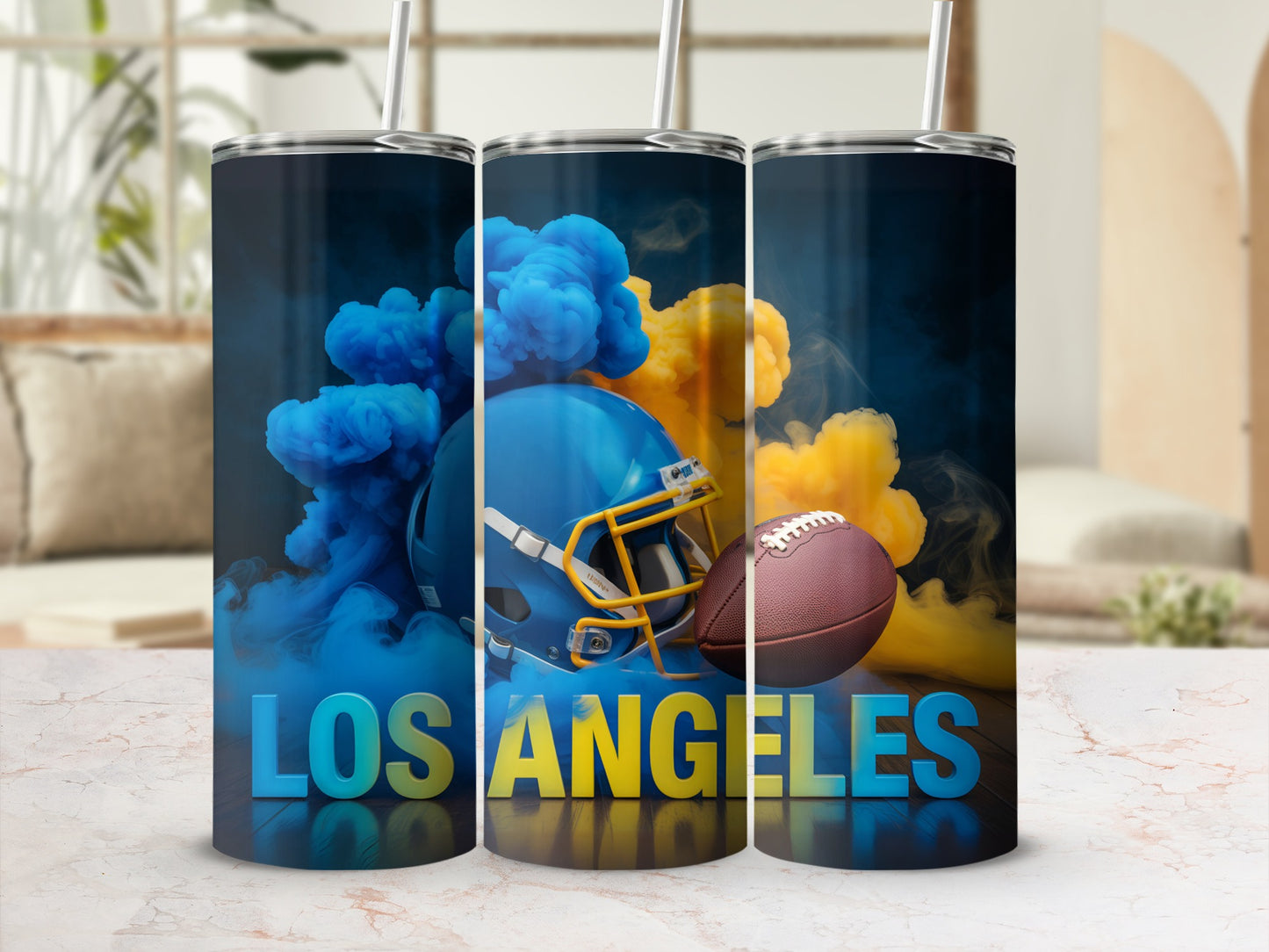 Los Angeles helmet and football surrounded by blue and yellow smoke.