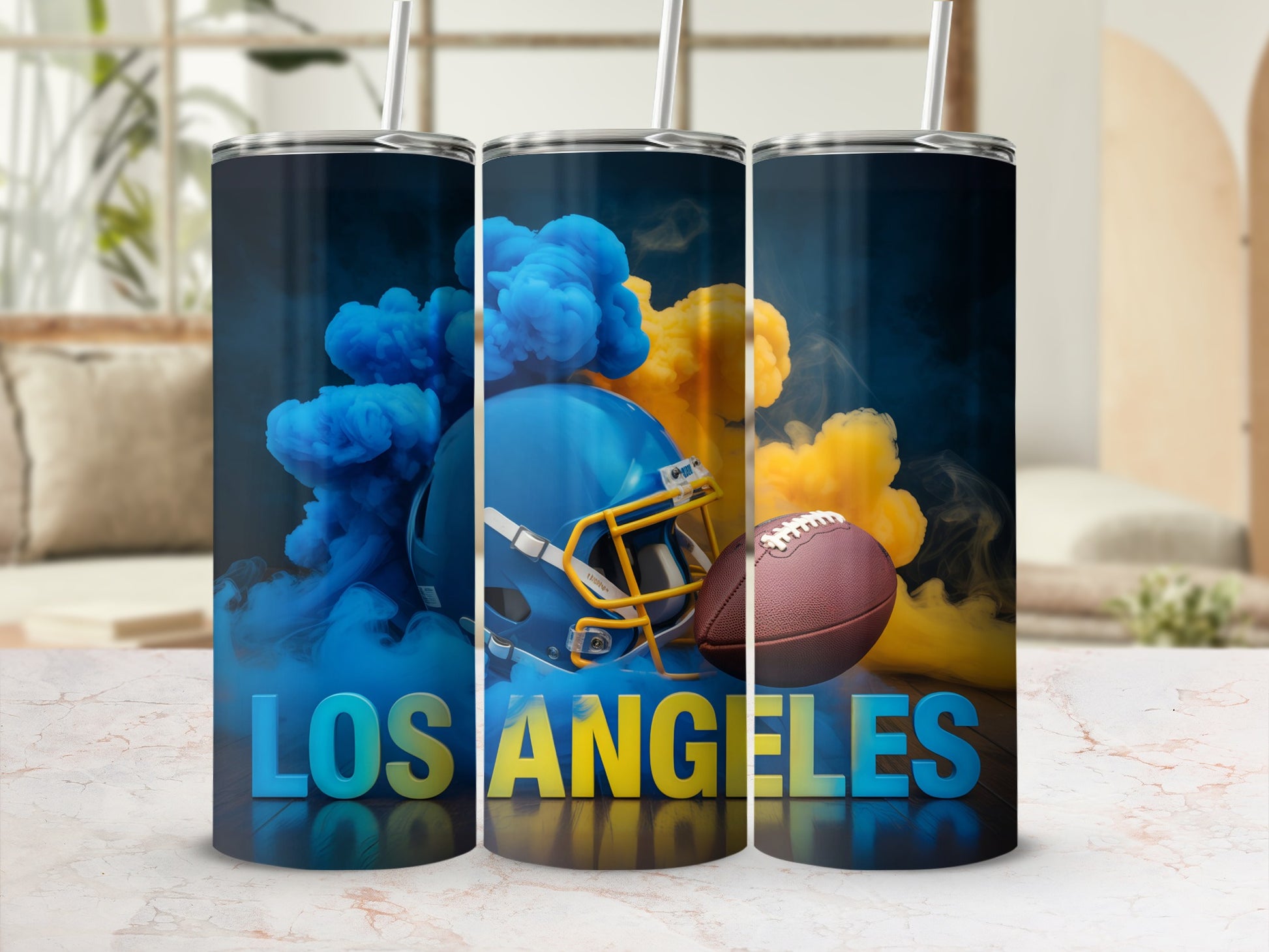 Los Angeles helmet and football surrounded by blue and yellow smoke.