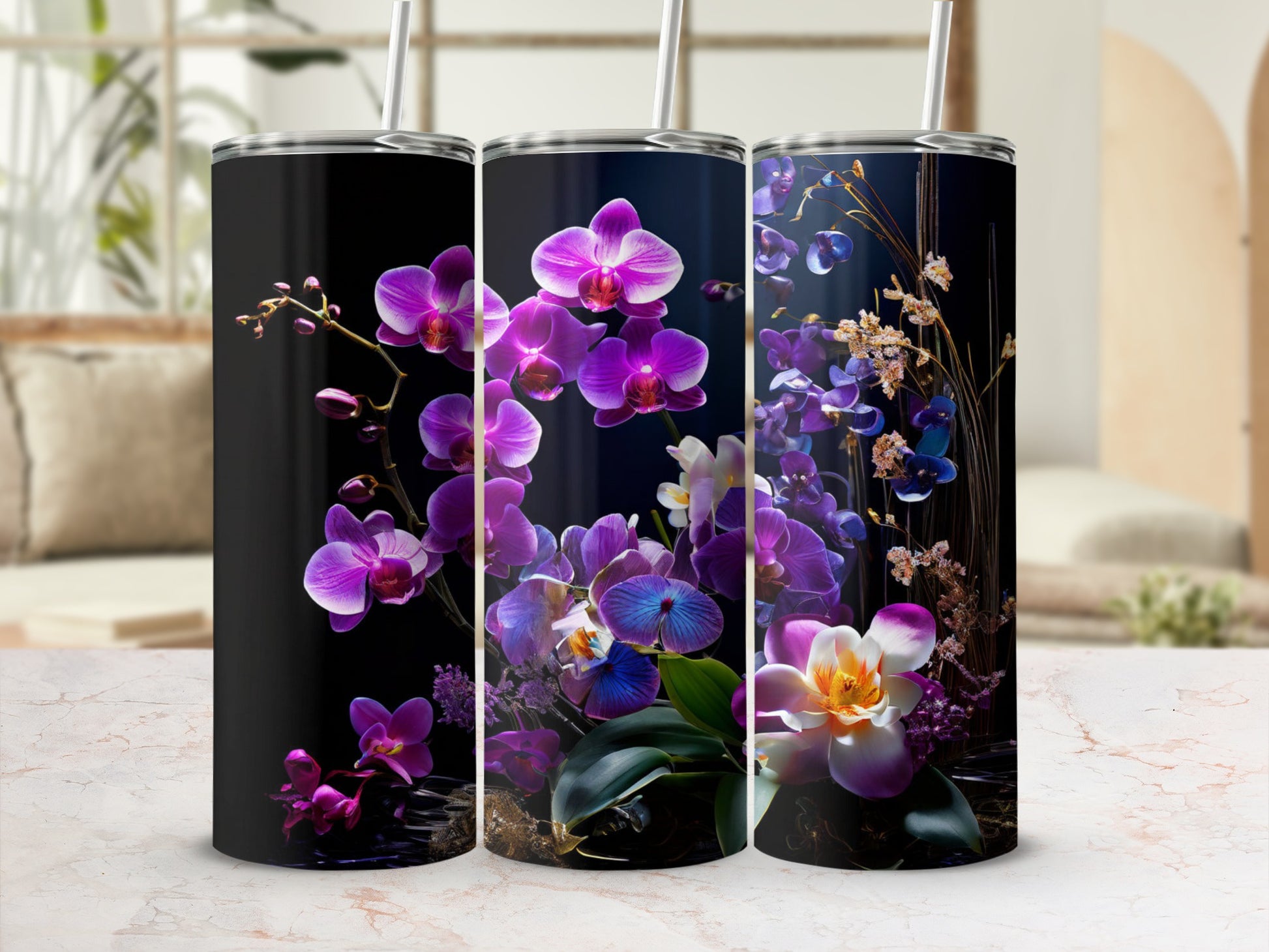 Three tumblers with purple orchids and delicate blue and white flowers.