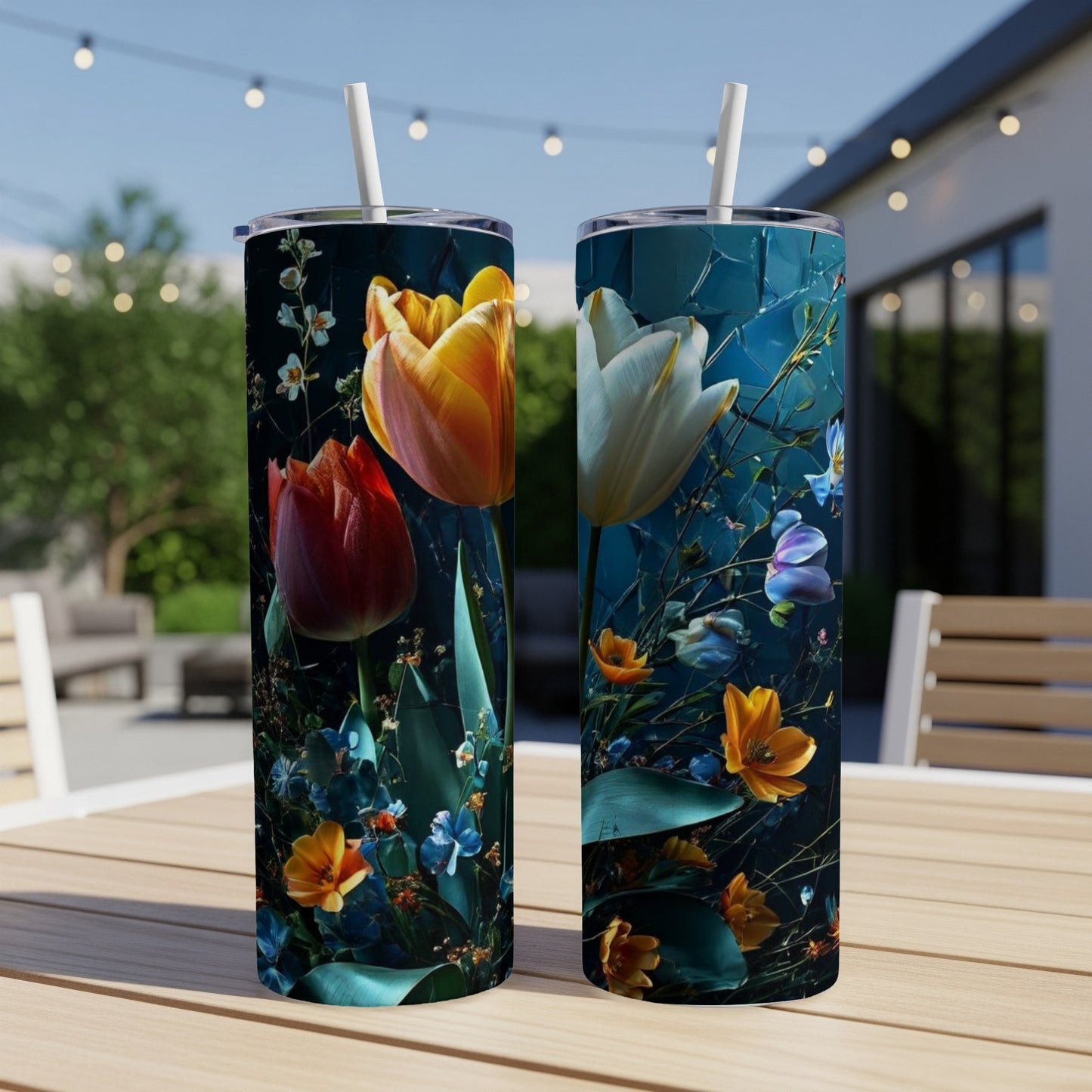 Two tumblers with vibrant tulip and floral designs on a wooden table.