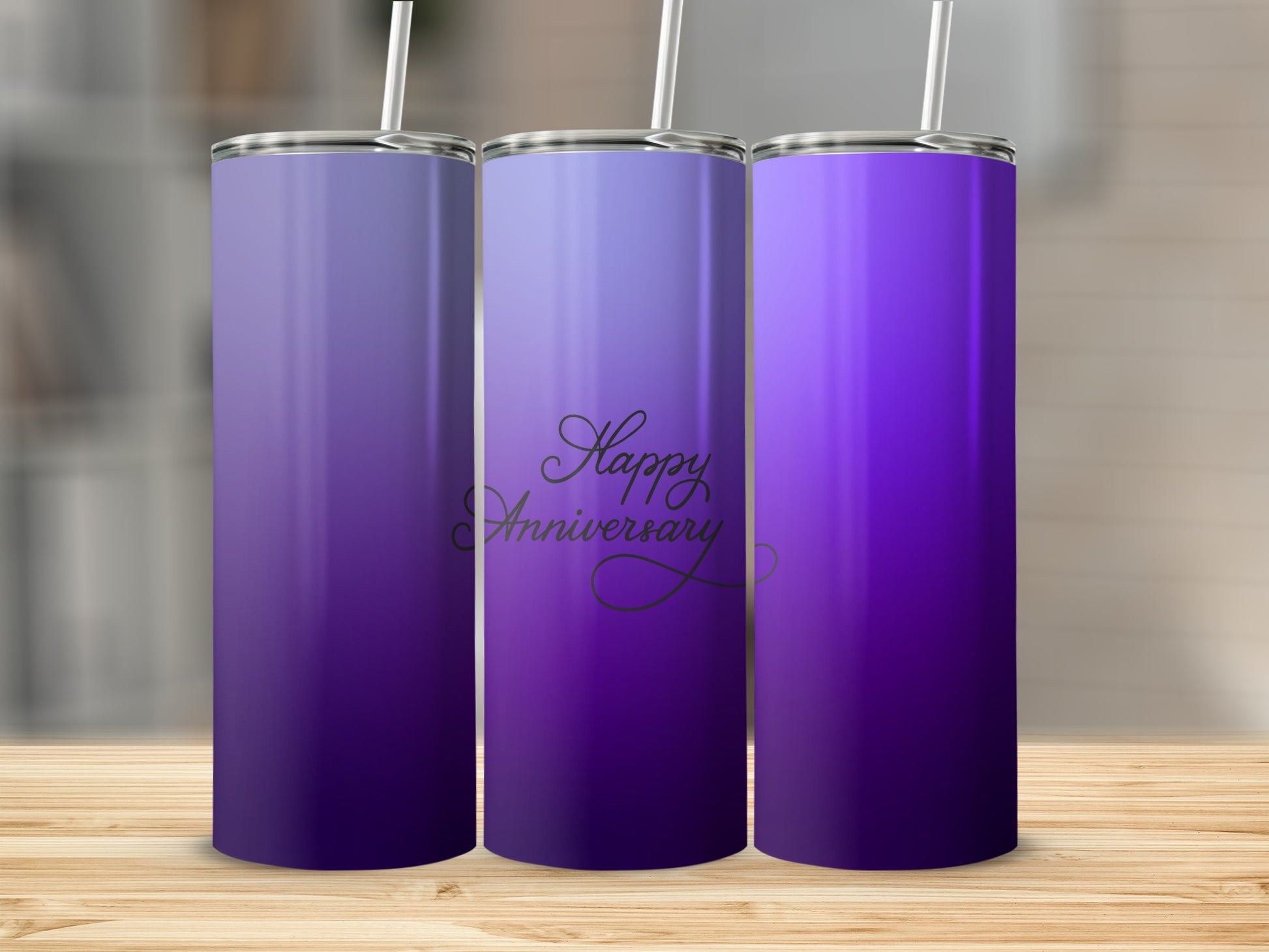 Gradient purple tumbler with "Happy Anniversary" text.