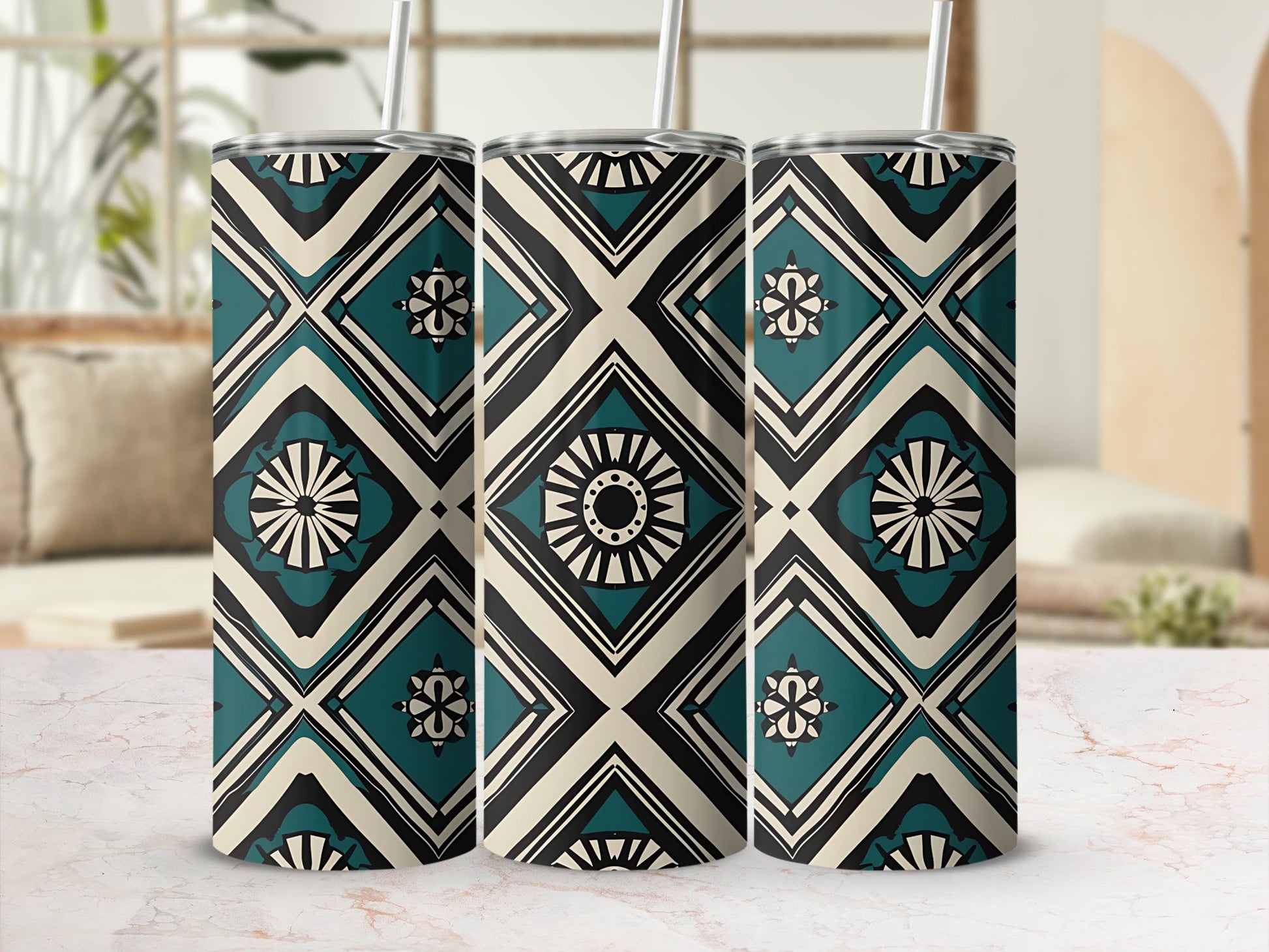 Geometric Patterned Tumbler with Lid and Straw