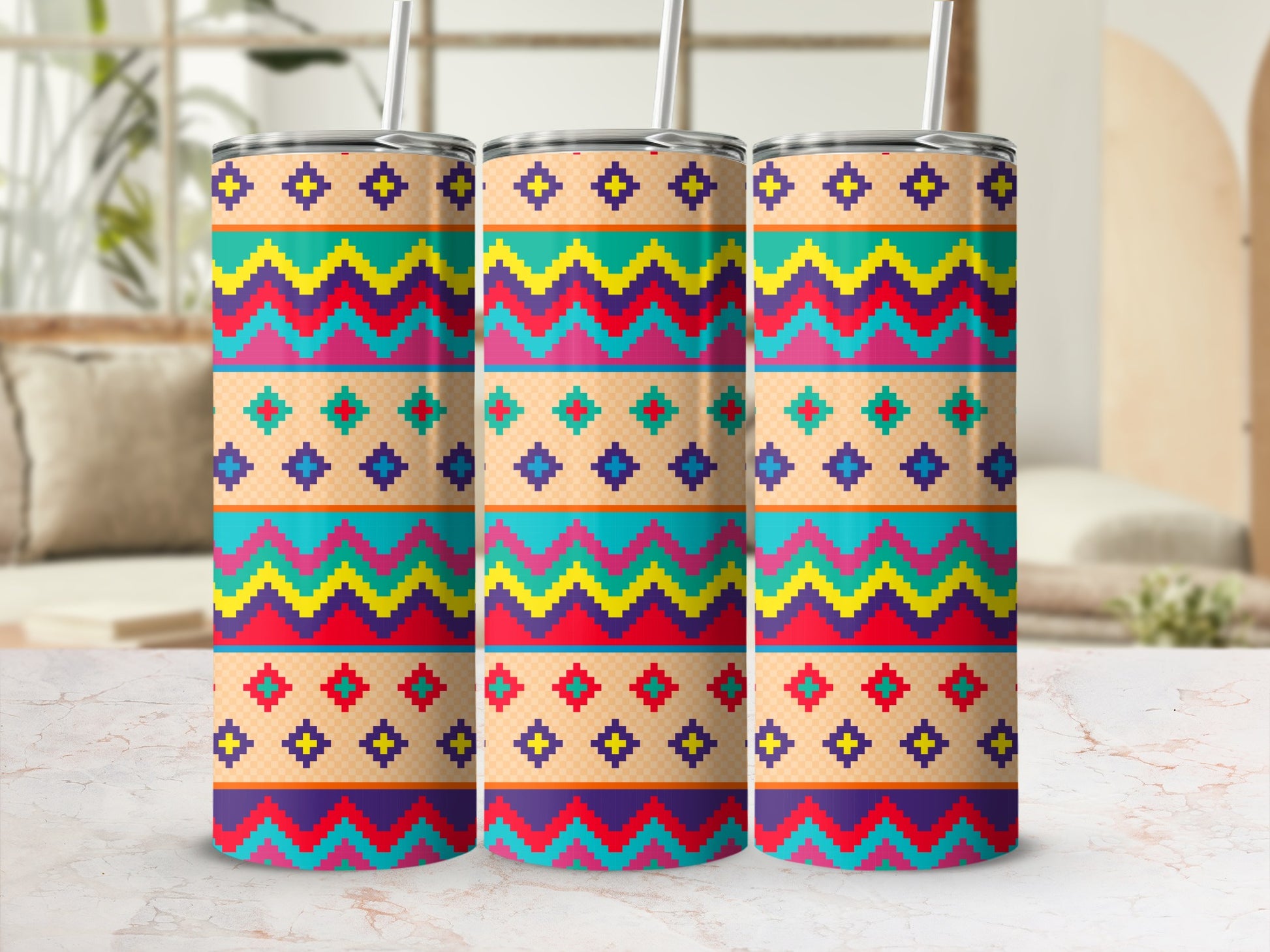 Colorful Geometric Patterned Tumblers for Beverages