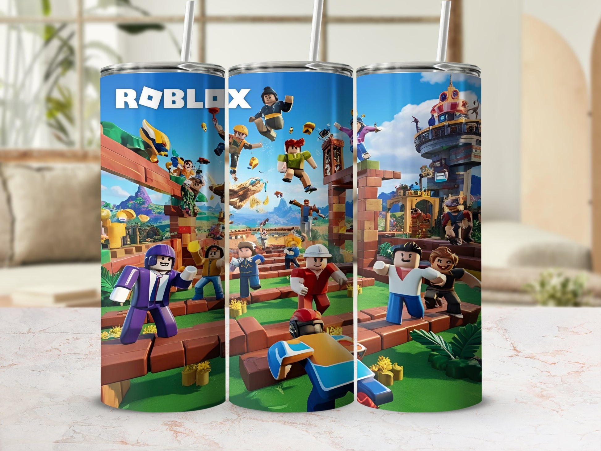 Roblox game characters on a wooden platform with a bright, playful background.