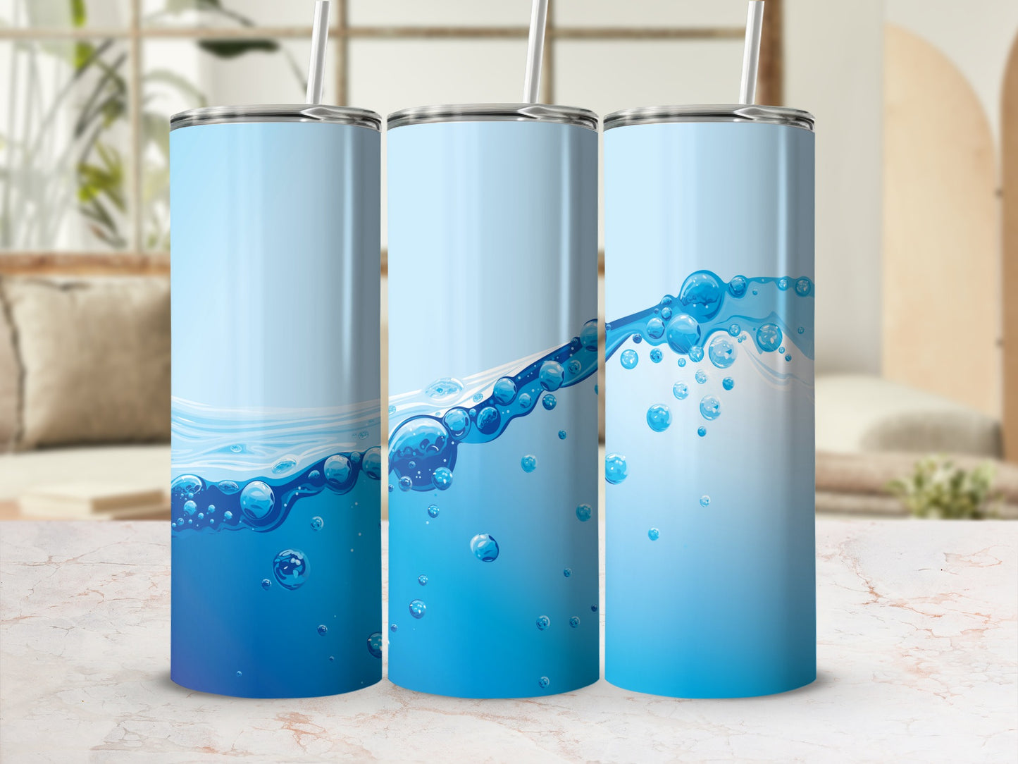 Three tumblers with a water and bubble design.